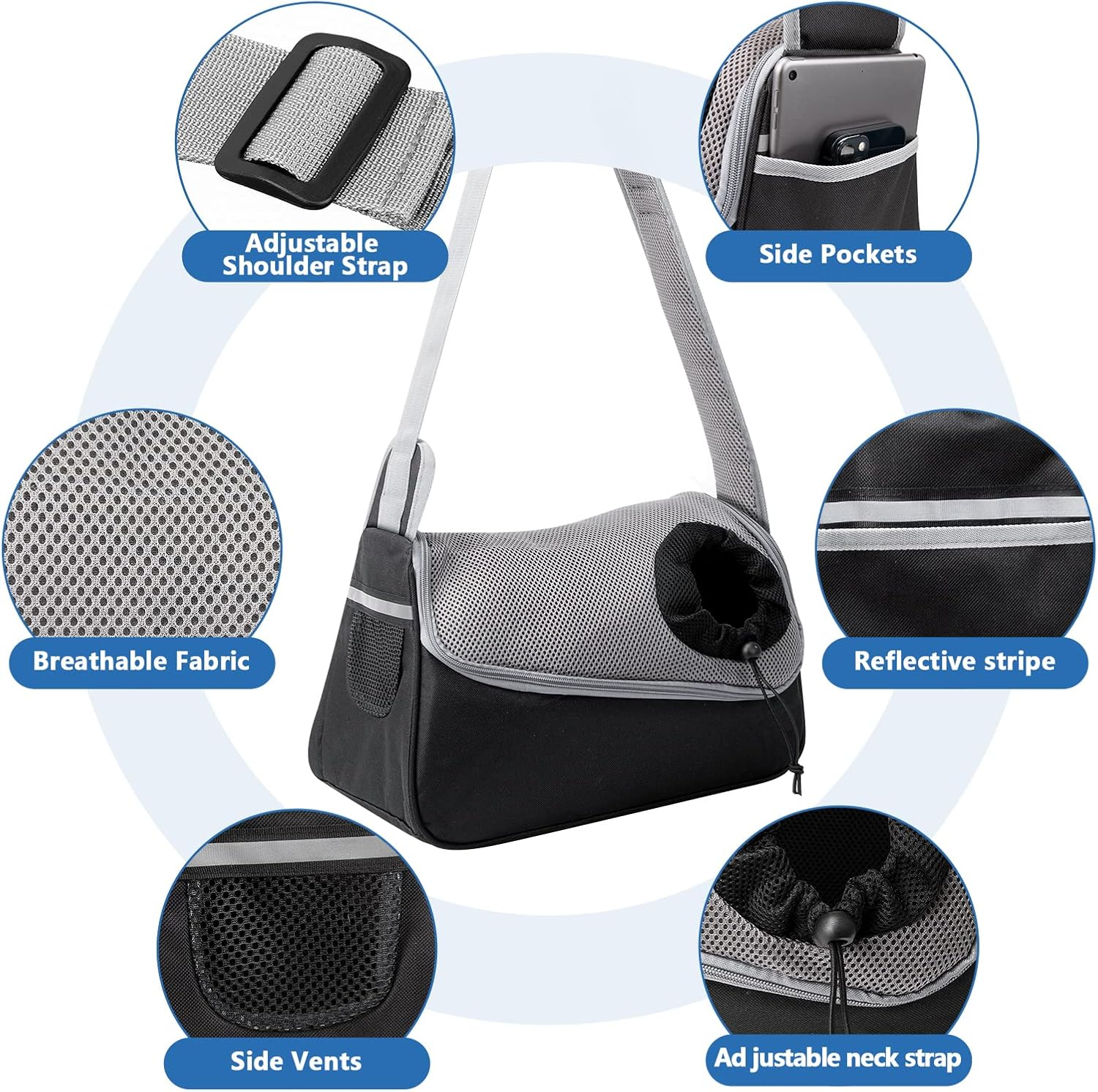 Dog Carrier Bag Adjustable Pet Shoulder Bag for Small Dog and Cat Breathable Pet Sling for Outdoor Walking Activities (Black, Load Capacity up to 5 Kg)