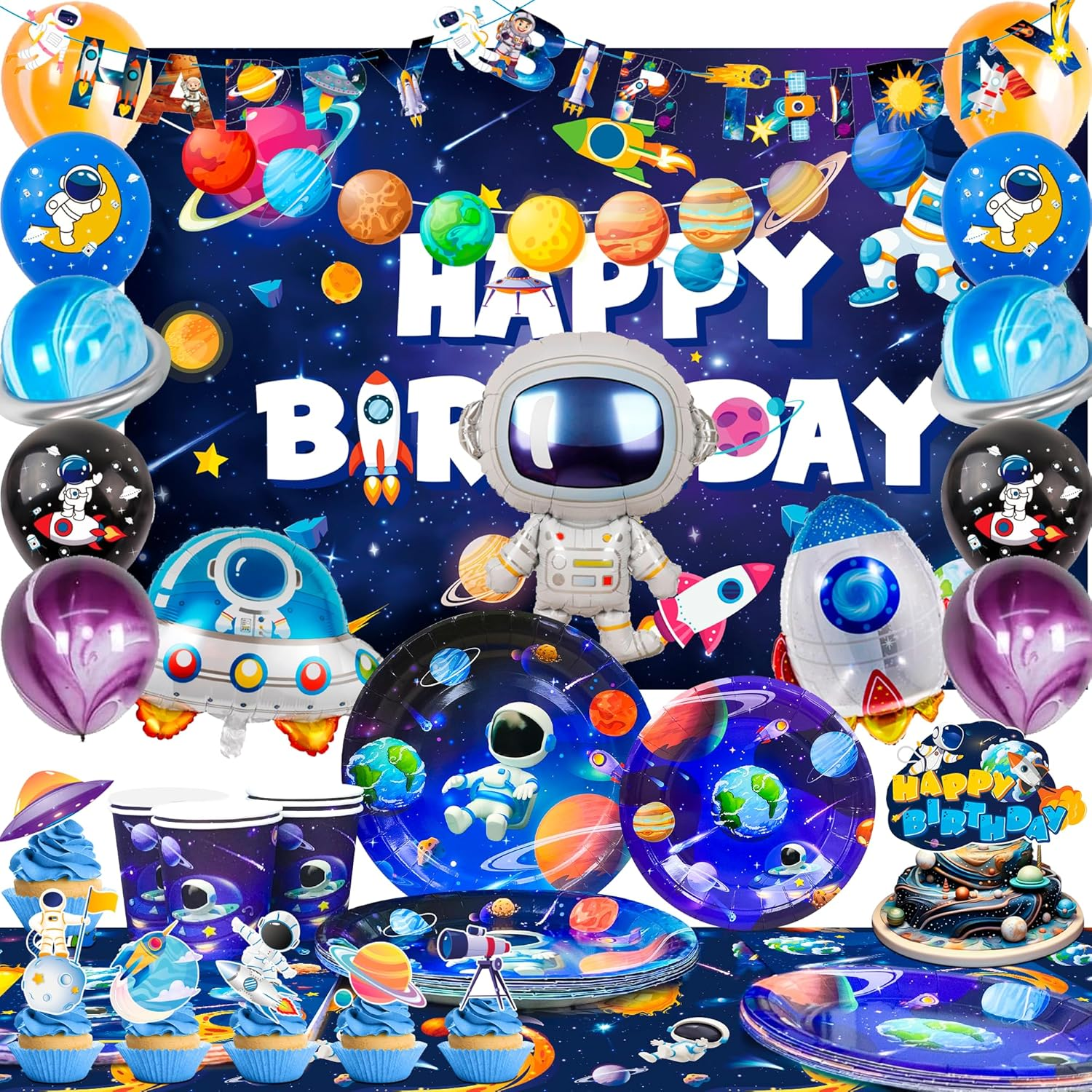 Space Birthday Party Decorations Serves 10, Space Birthday Decorations&Outer Space Birthday Tableware Set- Outer Space Birthday Party Plates Tablecloth Backdrop Balloon Etc Themed Party Decorations image number 4