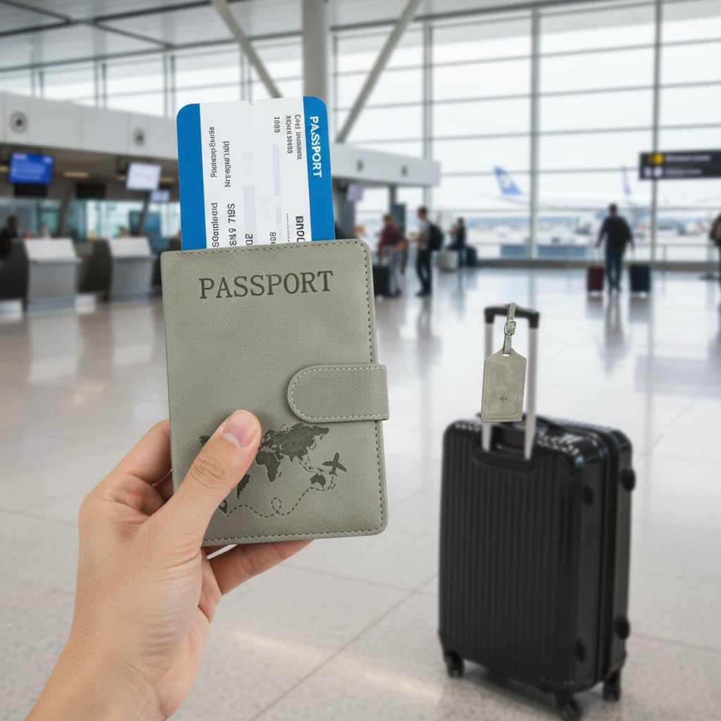 Passport Holder Cover with Luggage Tag, PU Leather Passport Cover, Portable Universal Travel Wallet Organiser for Passports Boarding Passes Credit Cards Travel Documents​ (Gray) - Brown image number 5