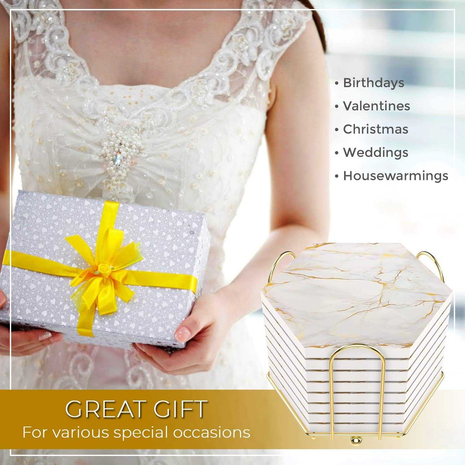 8 PC Coasters for Drinks Absorbent with Holder Marble Design Ceramic Coaster Set Super Absorbent Hot and Cold Drink Coasters Table Coasters with Cork Bottom Cup Coasters for Living Room + More image number 1