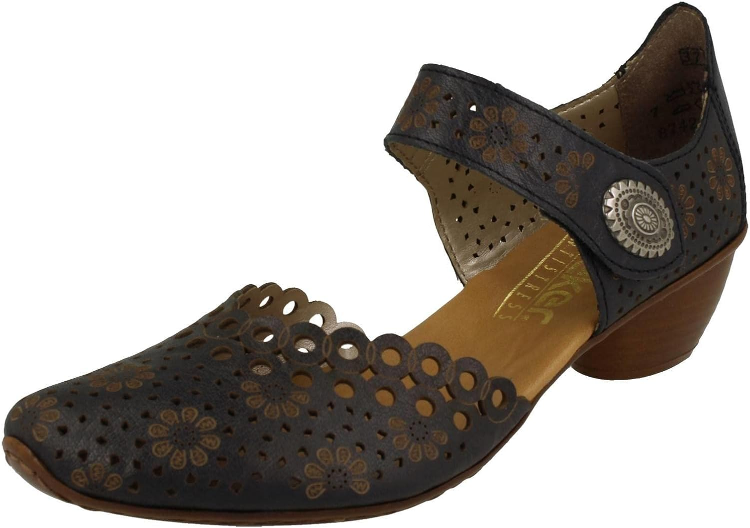 Rieker 43753 Mirjam Women'S Mary Jane Heels - Low-Heel Leather Shoes with Adjustable Ankle Strap & Laser-Cut Design - Comfortable Women&rsquo;S Heels for Casual & Dressy Wear