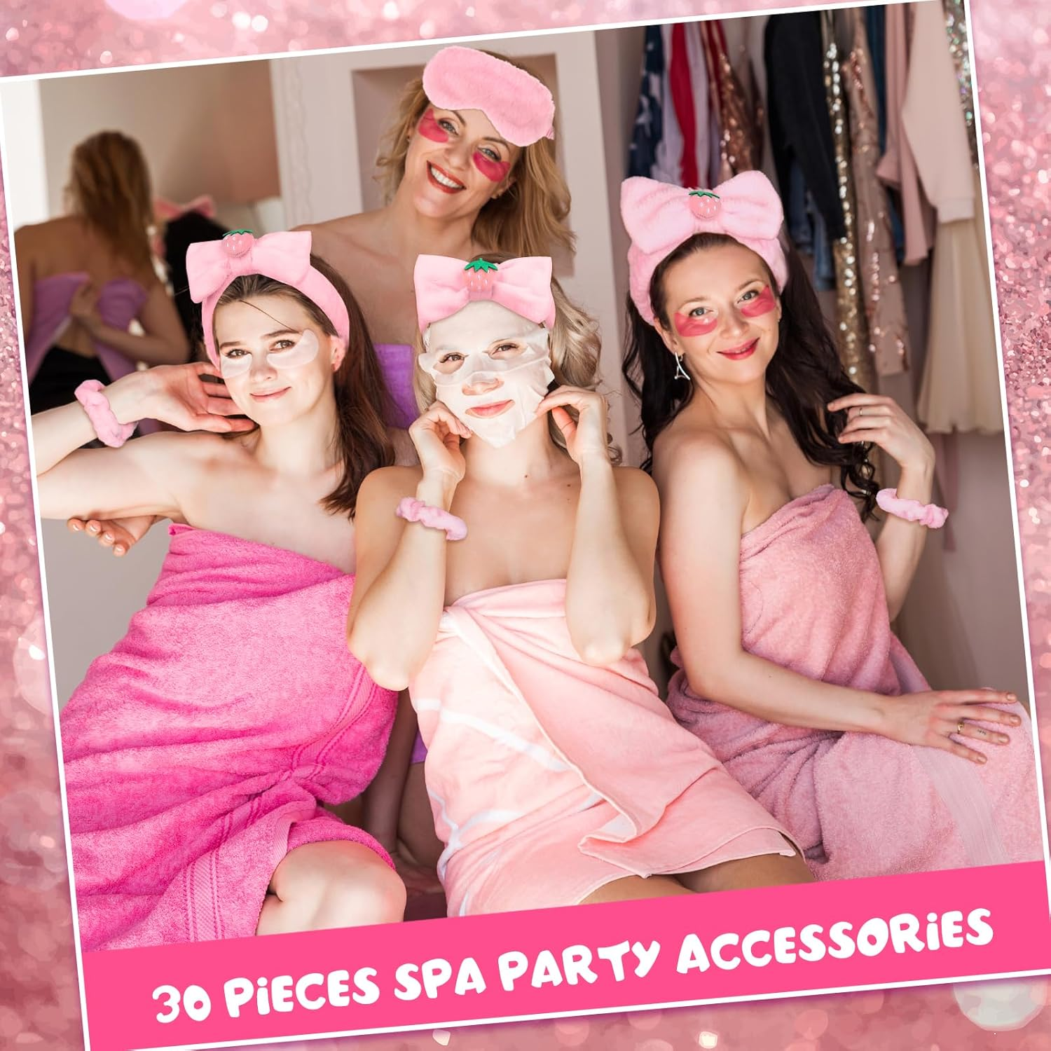 30 Piece Party Set Pajamas Girls Gift 6 Cute Hair Bobbles for Women 6 Spa Plush Sleep Masks Pink 6 Reusable Sequin Cups 6 Makeup Headbands 6 image number 5