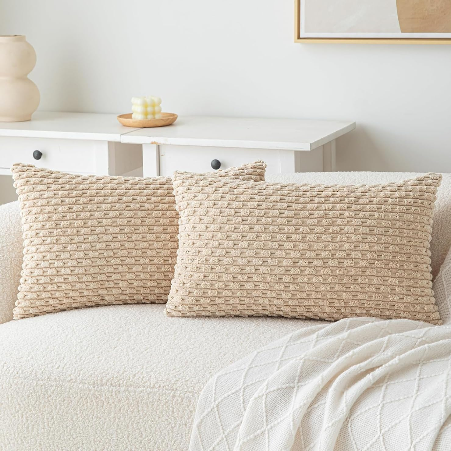 2Pcs Cushion Covers 30Cm X 50Cm, Corduroy Decorative Throw Pillow Covers Soft Boho Striped Pillow Case Modern Farmhouse Home Decor for Sofa Living Room Couch Bed (Khaki, 50Cmx30Cm)