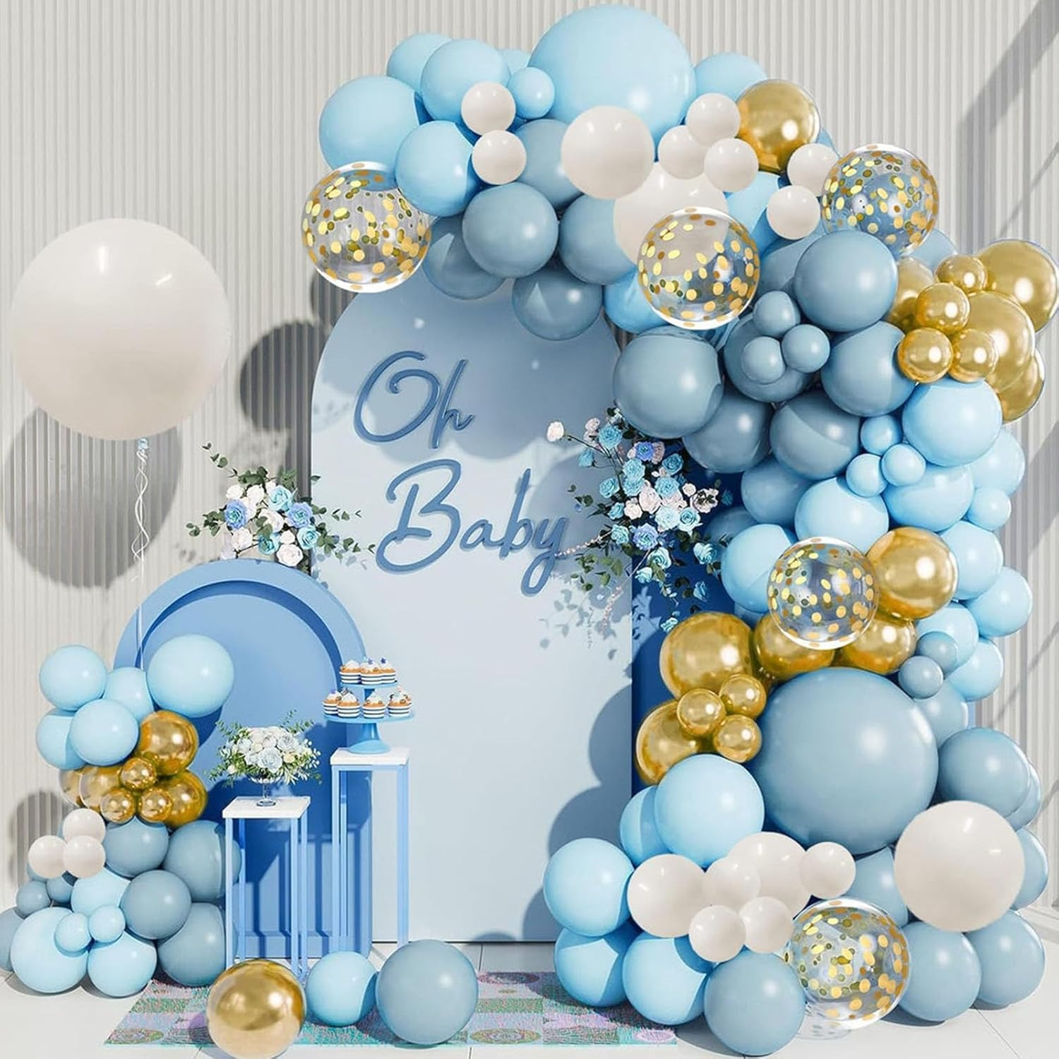 Dusty Blue Balloons Arch Kit,140Pcs Blue Balloons Arch Garland Kit with Sea Blue Gold Balloon,Sand White Nude Balloons for Boys Baby Shower,Birthday Party Decoration,Graduation Decor,Wedding image number 3