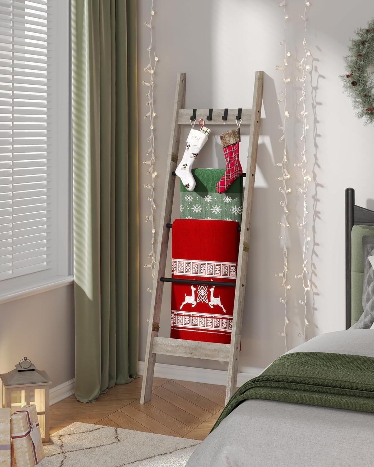 Hzuaneri Blanket Ladder Shelf for Living Room, Decorative Quilt Rack with 4 Removable Hooks, 5-Tier Farmhouse Ladder Holder Organizer for Bedroom, Greige and Black BR02105B image number 6