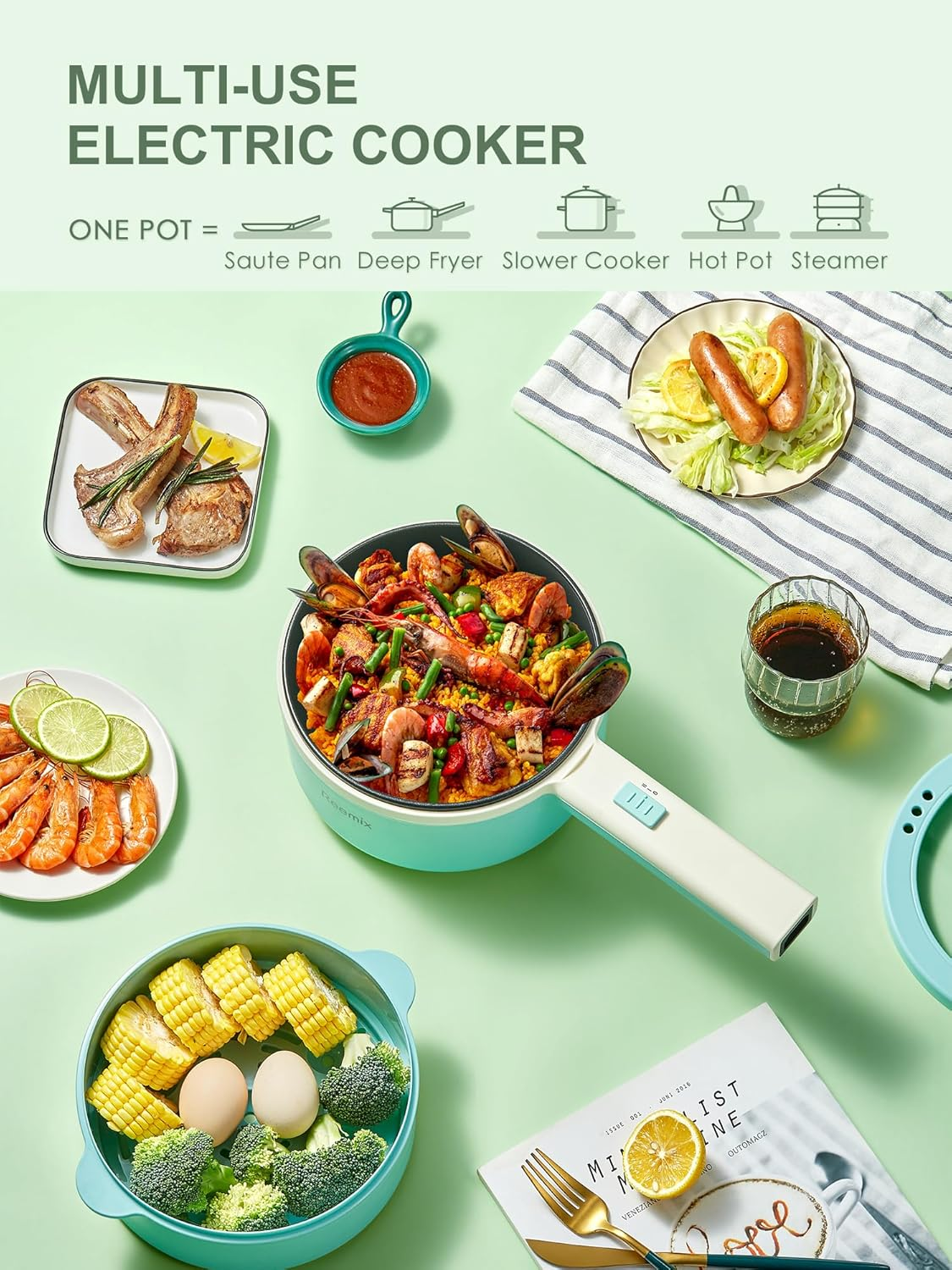 Reemix - Electric Hot Pot with Steamer, 1.6L Ramen Pot Non-Stick Steak, Egg, Fried Rice, Ramen, Oatmeal, Soup, Personal Portable Hot Pot, Great for Bedroom And image number 3