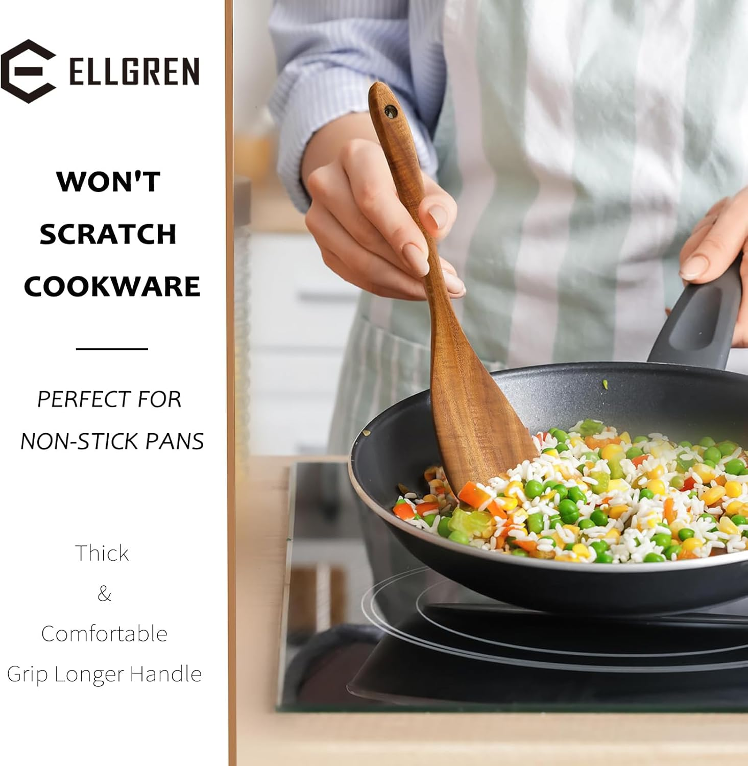 10 Pcs Wooden Cooking Utensils Set, Wooden Spoons for Cooking - Teak Wooden Utensil Set with Holder, Spoon Rest & Hooks - Sturdy, Lightweight and Heat-Resistant image number 1