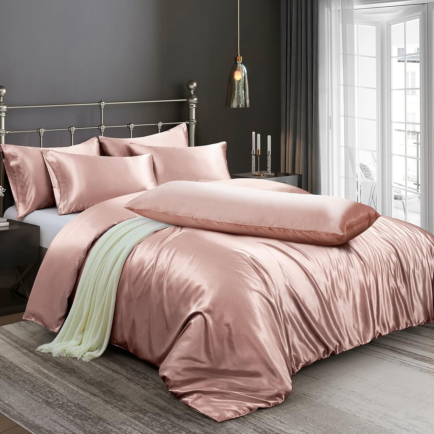 Ersmak 6 Pieces Satin Duvet Cover King Size Luxury Silky Bedding Duvet Cover Set with 1 Soft Duvet Cover, 4 King Pillowcases and 1 Body Pillowcase, Champagne image number 6