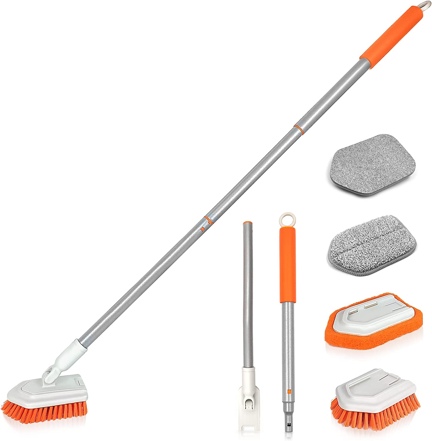 JEHONN 4-In-1 Tile Tub Scrubber with Long Handle, Upgraded Shower Cleaning Brush, 4 Different Function Scrub Brush Attachments Head for Bathroom, Bathtub, Floor, Wall, Baseboard image number 4