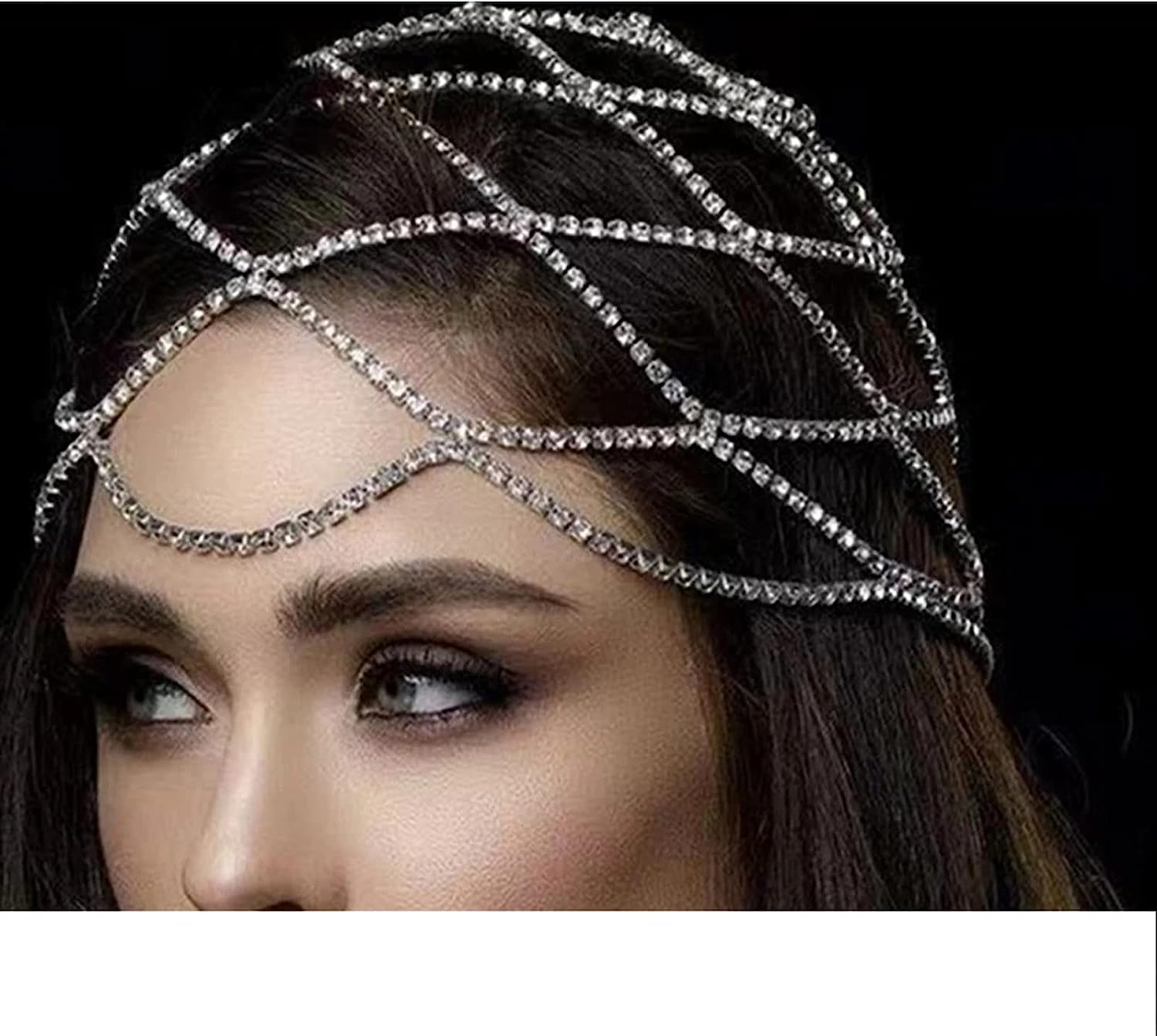 Rhinestone Mesh Headpiece Cap Silver Roaring 20S Crystal Flapper Head Chain for Women Girls, Head Jewelry Art Deco Bridal Party Hair Accessories image number 5