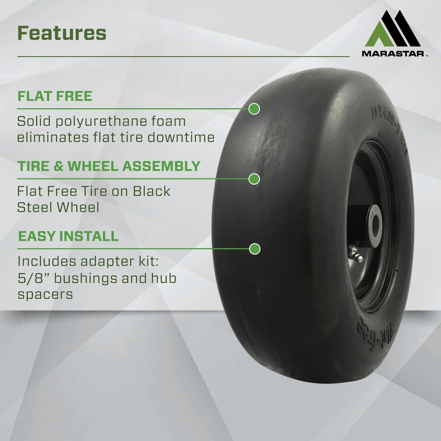 MARASTAR 00232 Universal Fit Flat Free 11 X4.00-5 Lawnmower Tire Assembly, 3.4" Centered Hub, 3/4" Bushing image number 4