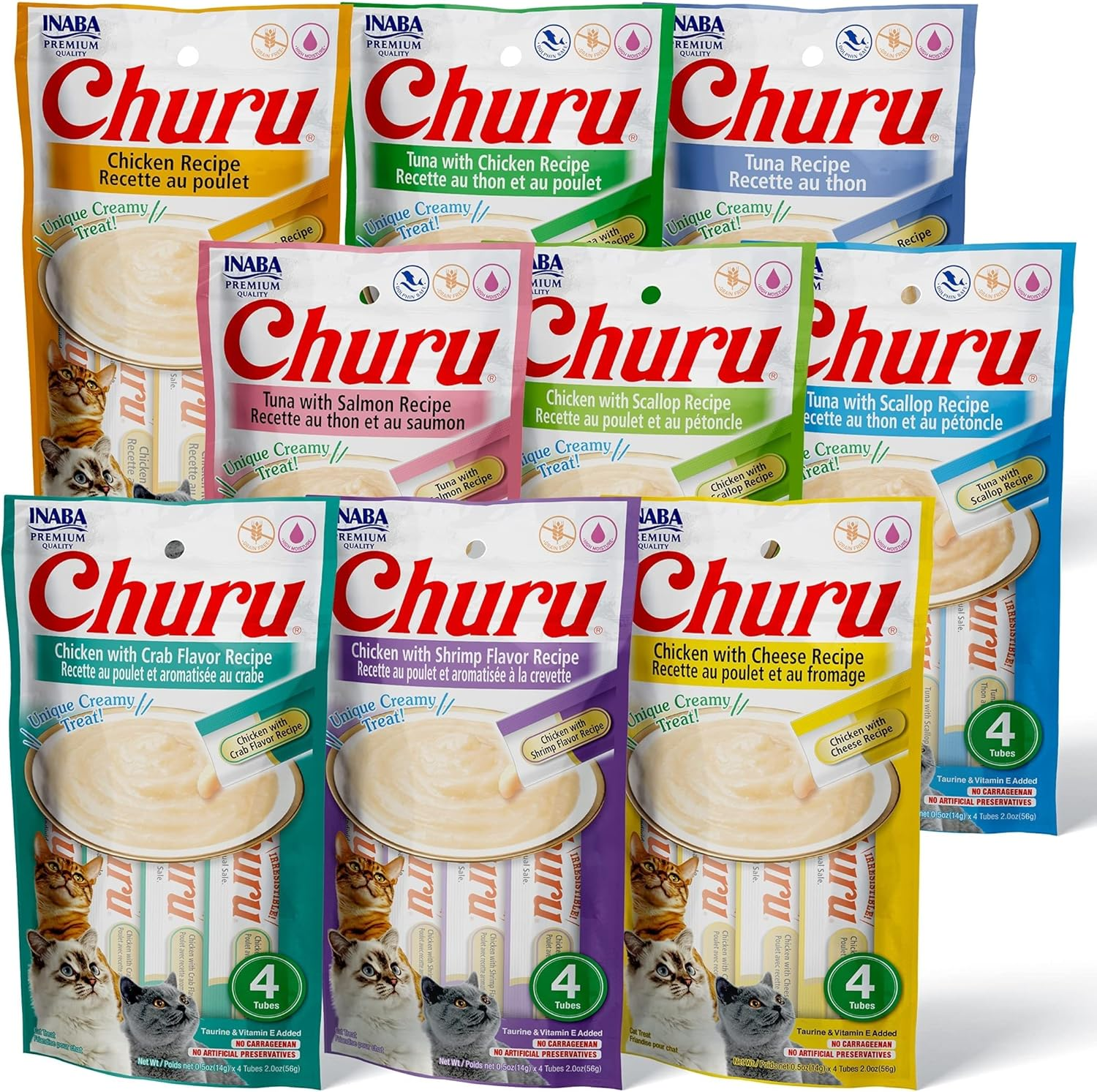 INABA Churu Cat Treats, Grain-Free, Lickable, Squeezable Creamy Pur&eacute;e Cat Treat/Topper with Vitamin E & Taurine, 0.5 Ounces Each Tube, 36 Tubes (4 per Pack), 9 Flavor Variety image number 2