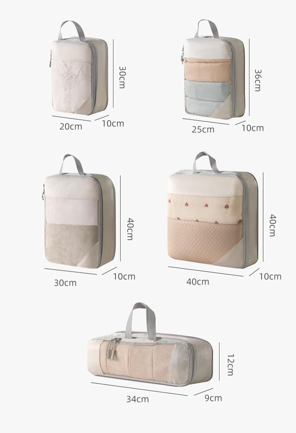 JOZUTTOW Nylon Compression Packing Cubes, Set of 8 Travel Organizer Bags with Recompression Design, Water-Repellent Fabric, Mesh Design, Zipper Closure, Beige image number 3