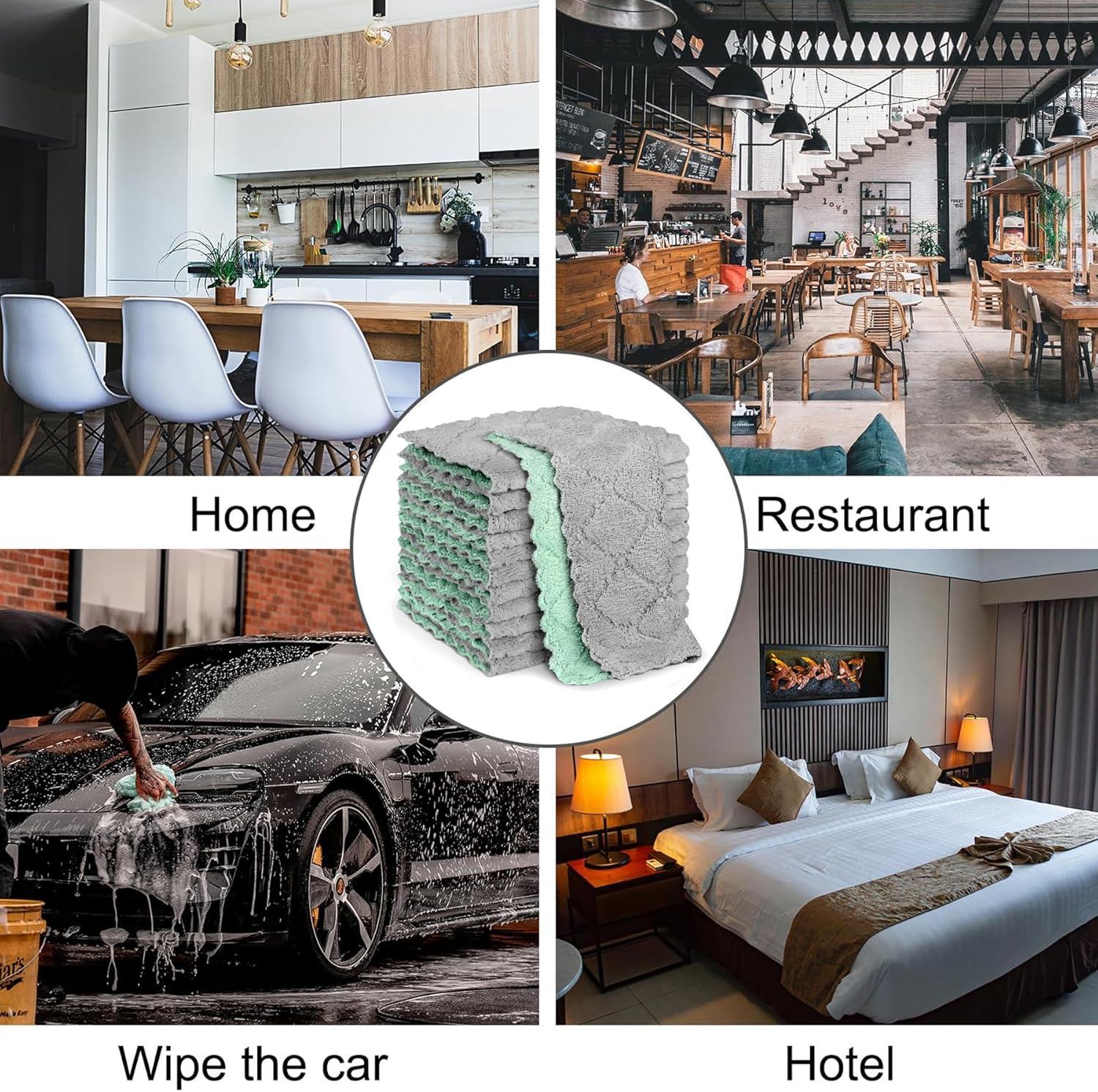 12 Pack Kitchen Cloth Dish Towels, Premium Dishcloths, Super Absorbent Coral Velvet Dishtowels, Nonstick Oil Washable Fast Drying (Green-Grey)