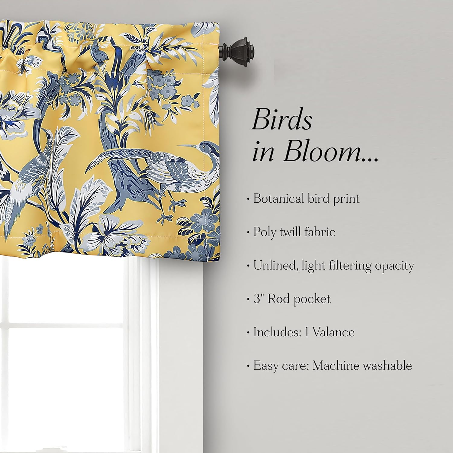 Lush Decor Dolores Valance Bird Floral Print Single Curtain, 18" X 52", Yellow image number 3