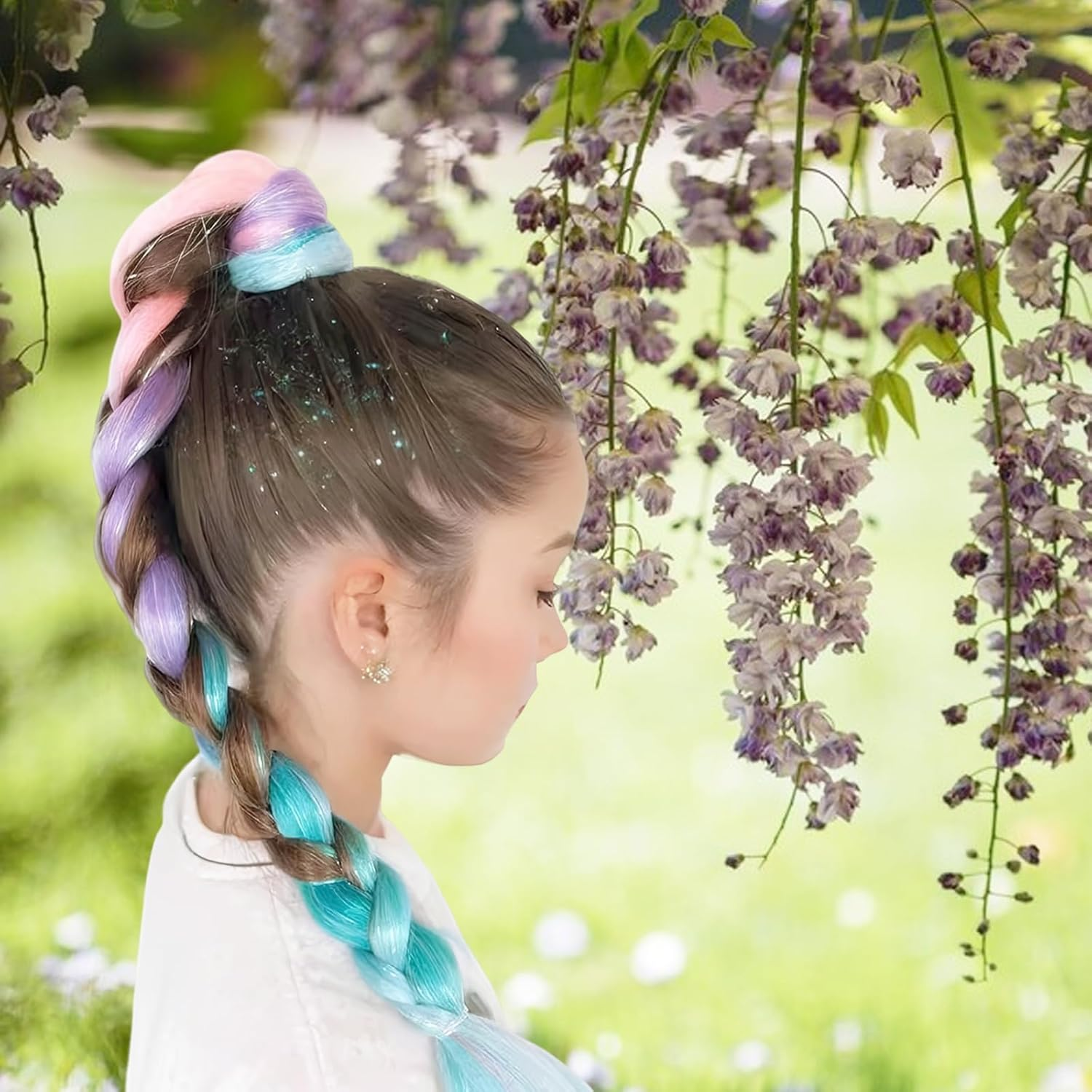 Rainbow Ponytail Extensions with Hairtie - 9 Strands Colored Glitter Hair for Braiding 66Cm Synthetic Crazy Color Hair Accessories for Girls Women Kids Braiding Extensions for Crazy Coiffure (A) image number 2