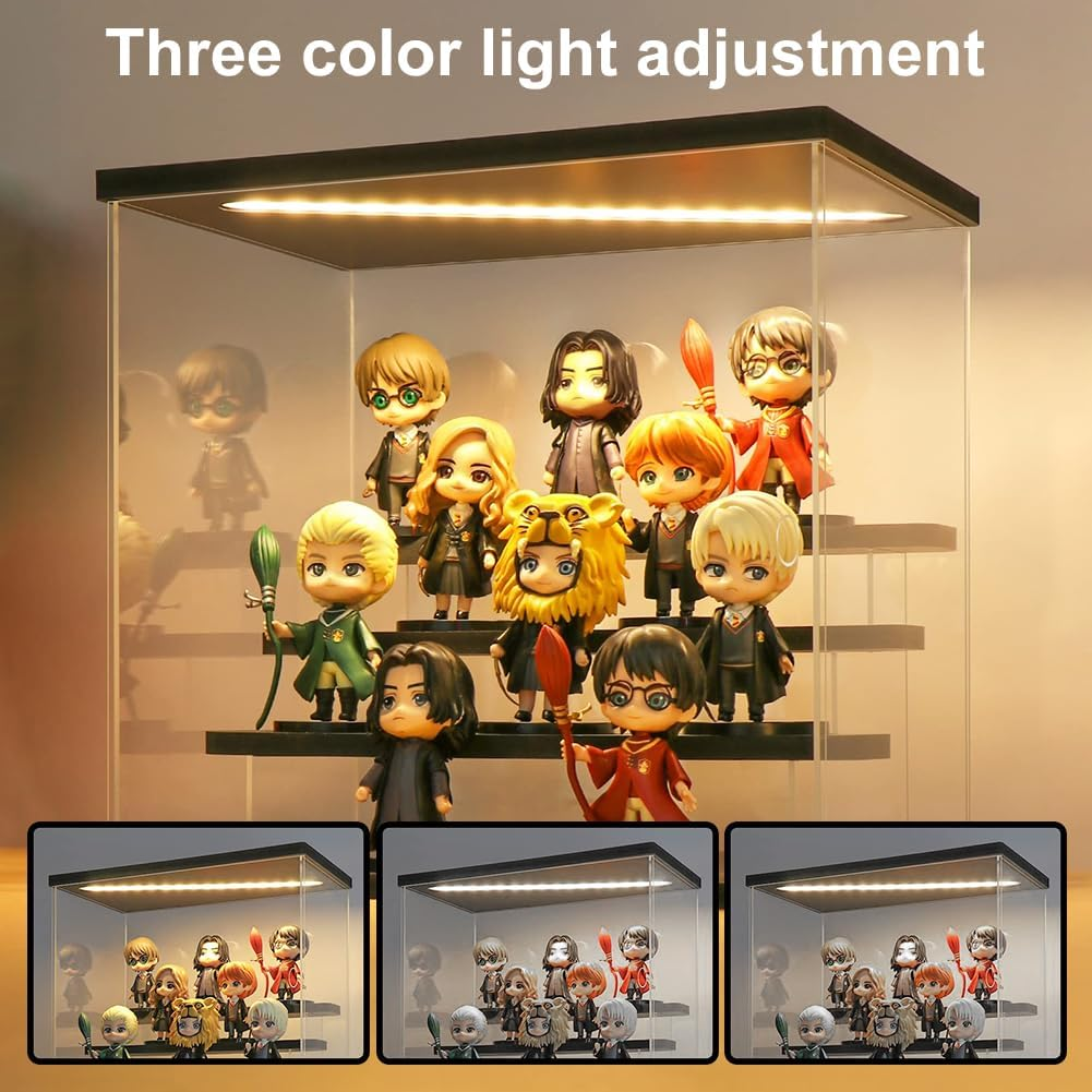 Clear Acrylic Display Case with 3-Color Light,4 Level Stand Display Box with Wooden Base Countertop Dustproof Showcase for Display Collectible Pop Figures and Toys,Toys Not (4 Tier Black) - 4 Tier Wood image number 6