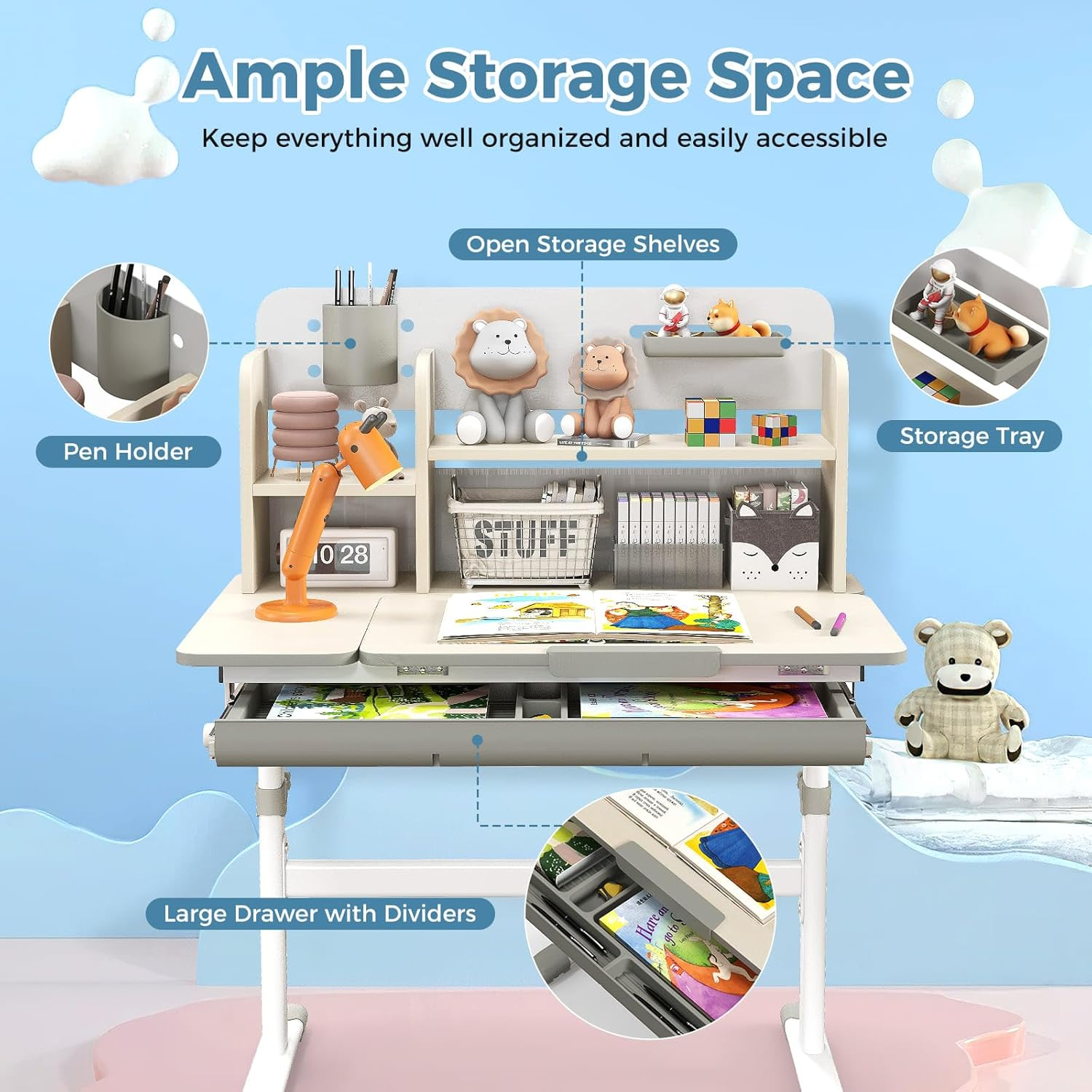 HONEY JOY Kids Study Desk, Height Adjustable Children Writing Table W/Tilt Desktop, Home School Student Learning Desk W/Hutch, Storage Drawer, Tray, Pen Holder & Scale Ruler for 3-12 Years, Grey image number 5