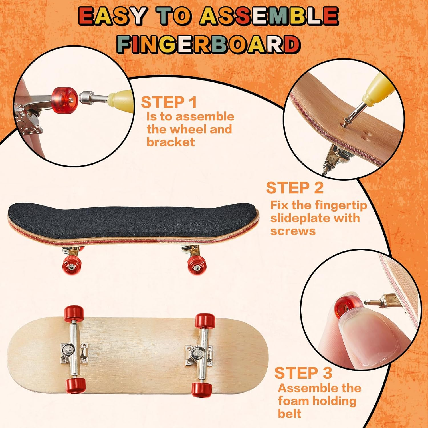 Jexine 6 Sets DIY Fingerboard Kit Fingerboard Accessories Mini Finger Skateboard Parts Include 12 Brackets 54 Screws 30 Nuts 6 Screwdriver 24 Board Wheels Tool for 96Mm(Red)