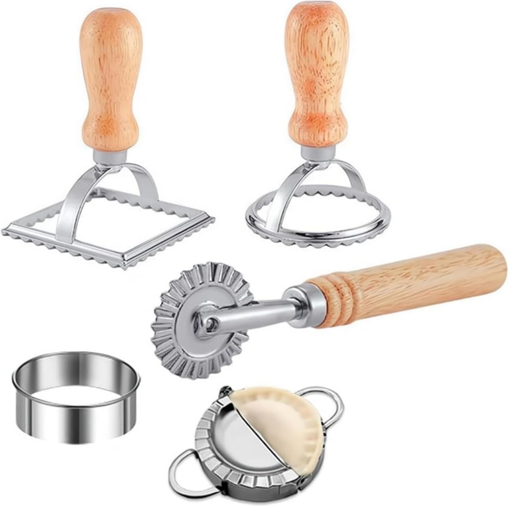 Ravioli Stamp Maker Tools with Roller Wheel Set of 5, Wooden Handle Ravioli Maker Tools with Roller Wheel, Pasta Press Wheel Dumplings Maker Tools image number 2