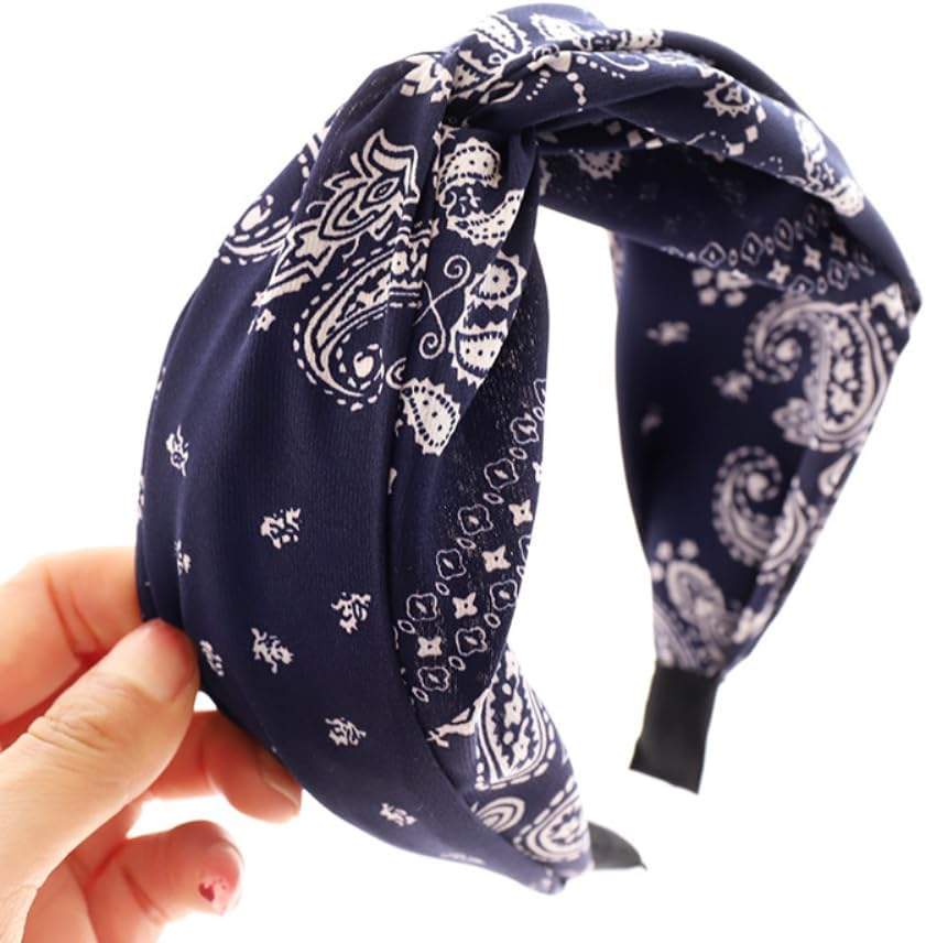 Anevous 1 X Boho Headband, Printed Knotted Headband, Elastic Stylish Headbands, Wide Headband, Knot Headband, Hair Accessories for Women, Dark Blue image number 3