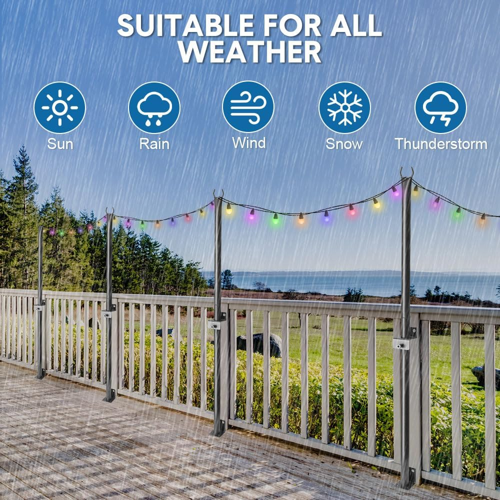 ALSTON 4 Pack String Light Poles 113Cm Height Wall-Mounted Lighting Brackets Outdoor Metal Hanging Light Poles with Fixing Clips for Patio Deck Fence Garden, Poles Only image number 3