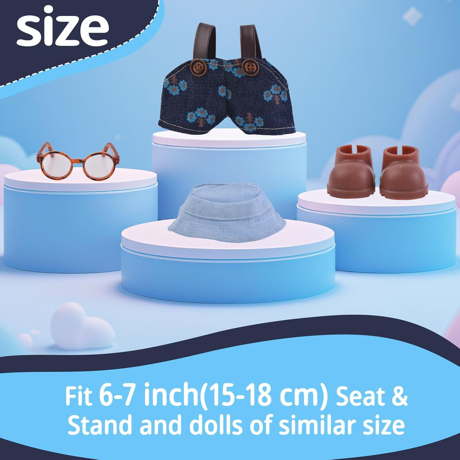 Doll Clothes Set for Labubu, Ocean Blue Overalls Outfit with Hat, Shoes & Glasses Accessories - Fits 17Cm Dolls image number 6