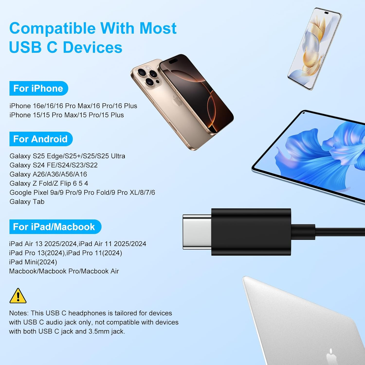 Samsung S25 Ultra USB C Headphones Wired Earbuds for Galaxy S25+ S25 Edge S24 Ultra S23 FE/A26 A36 A56 A35/Z Fold Flip 6, In-Ear Type C Earphone with Mic & Volume Control Hifi Stereo Noise Cancelling image number 1