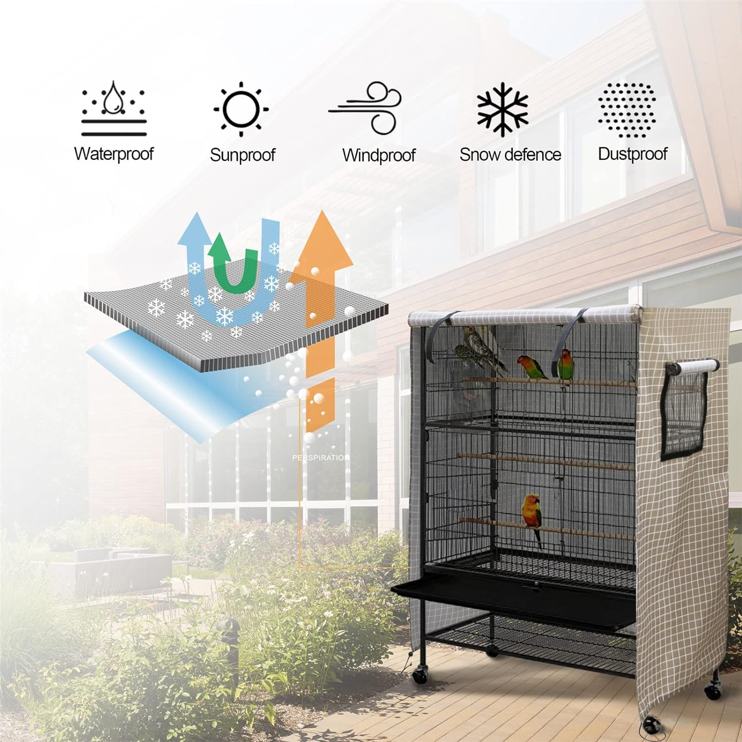 Namolit Bird Cage Cover Vent Design Adjustable Hem High-Quality Materials Universal Size Protect Birds from Bad Weather - Black image number 5