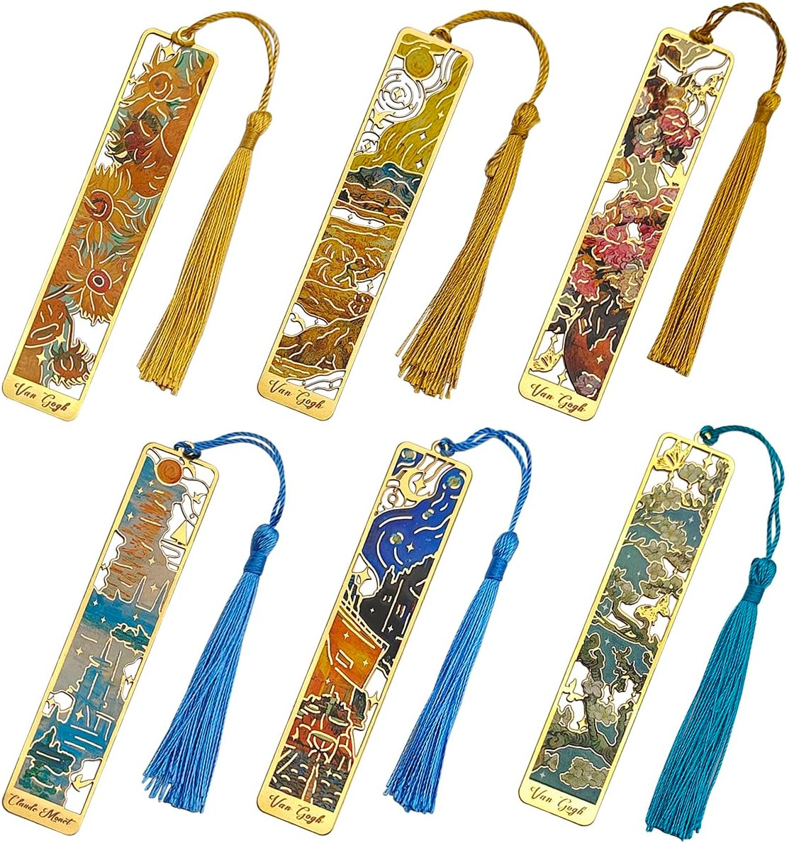 6 Pcs Metal Bookmark with Tassels, Finegood Golden Hollow Bookmarks for Women Oil Painting Book Marks for Reading Book Lovers image number 3