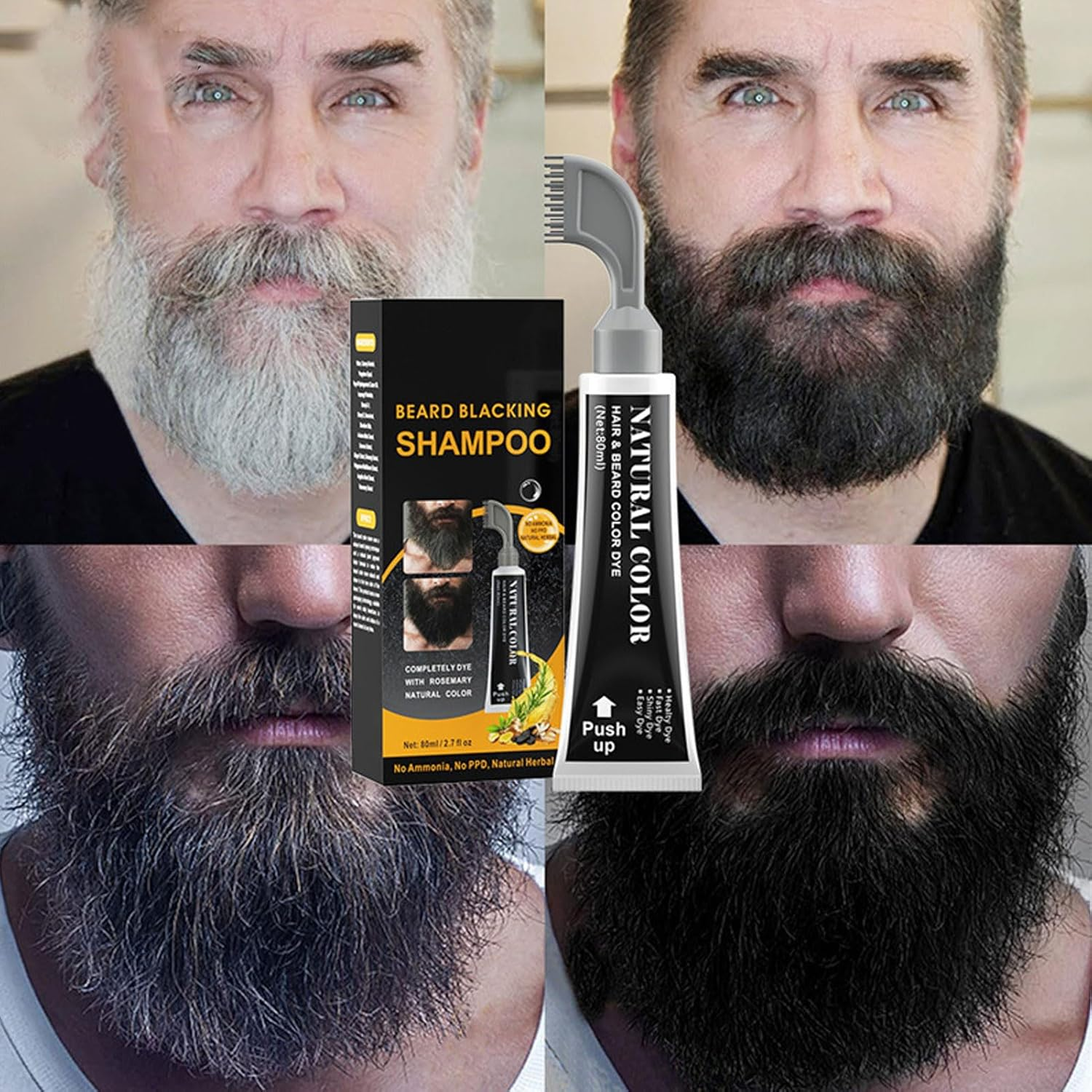 Beard Dye Shampoo, 80Ml Beard Dyeing Comb Black Beard Dye Shampoo for Mustache Long Lasting Black Beard Dye for Men image number 2