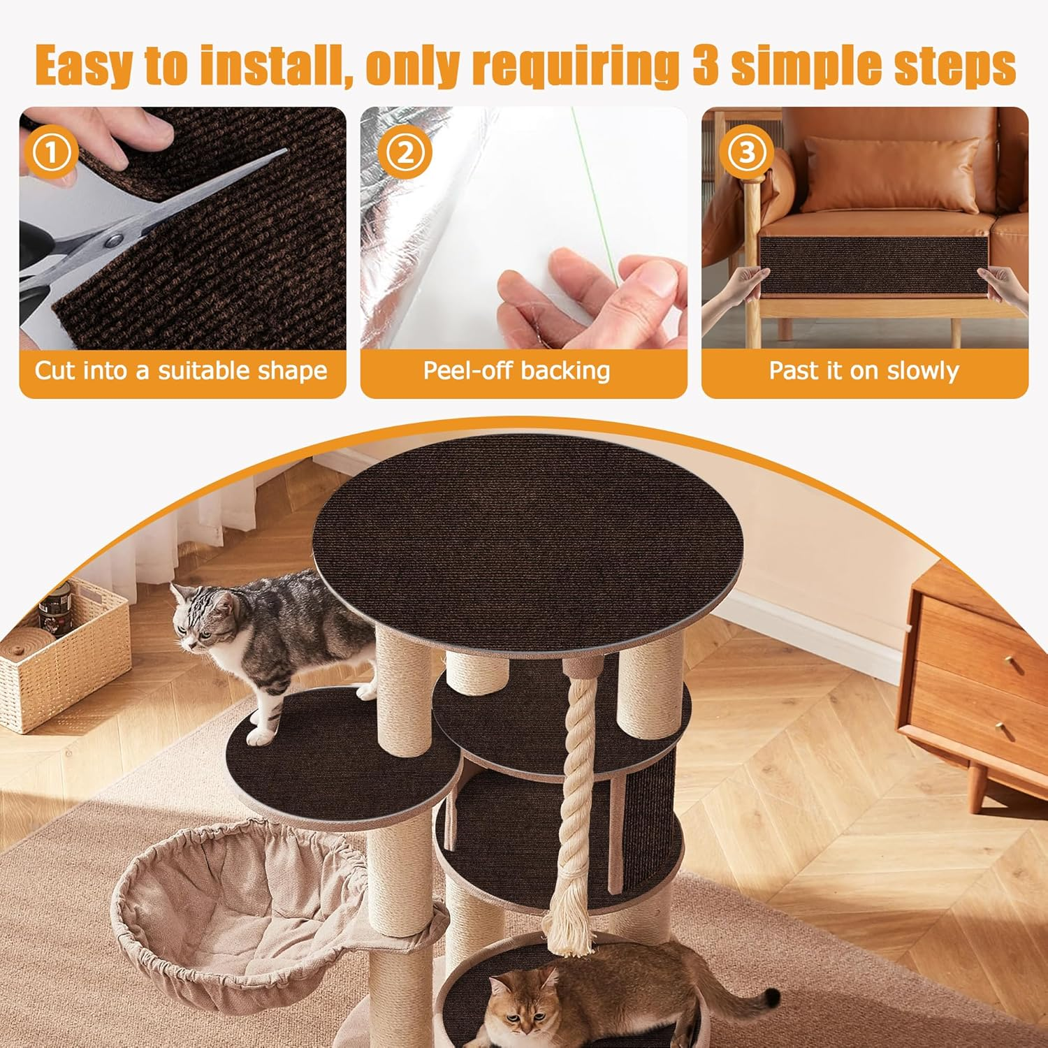 Cat Scratching Mat Self-Adhesive, Trimmable Furniture Protector for Couch, Sofa, Wall & Cat Trees - Durable Scratch Pad with Nano Tape, DIY Climbing Carpet for Indoor Cats (Brown, 23.6"X15.8")