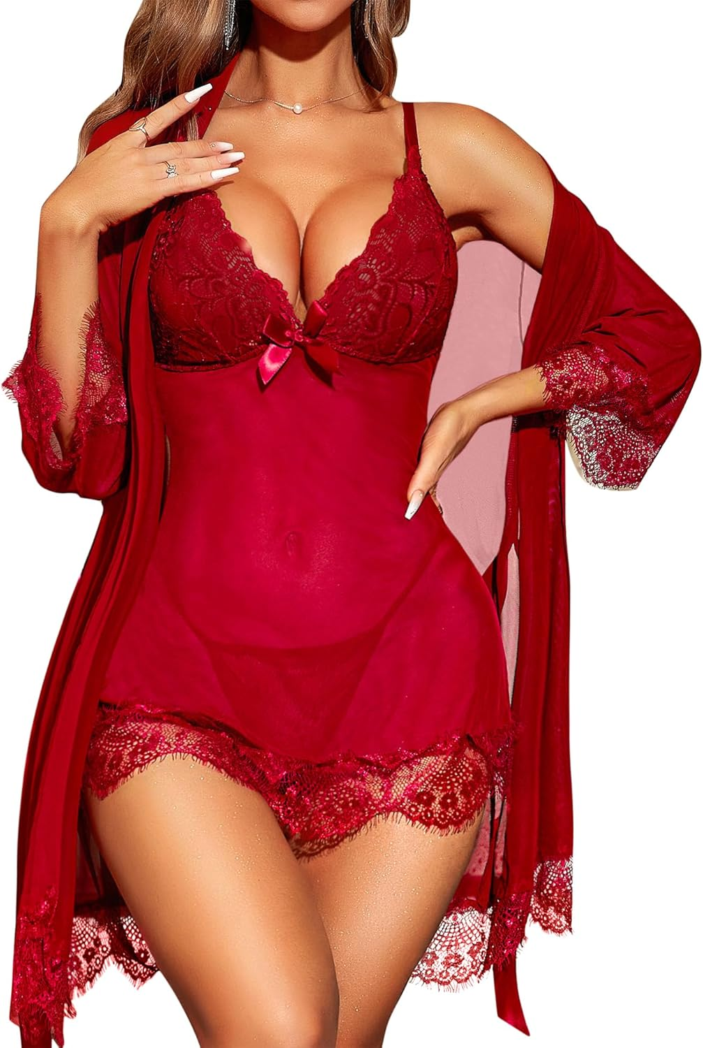 RSLOVE Women Sexy Lingerie Set 3 Piece Babydoll & Lace Kimono Robe Strap Chemise Sleepwear Mesh Nightgown image number 2