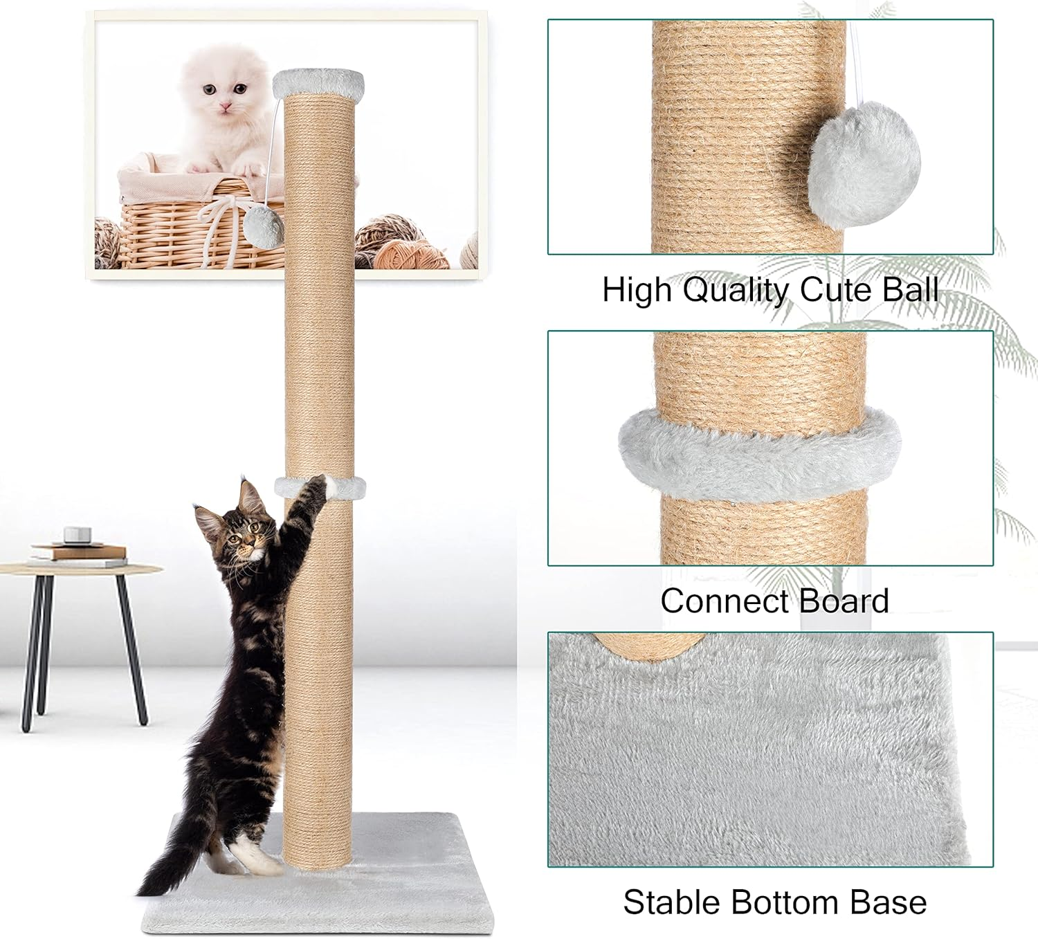 Fluffydream 37'' Cat Scratching Post, Natural Sisal Rope Scratcher with Dangling Teaser Ball and Covered with Soft Plush for Kittens and Adult Cats, Sand Color (Cat Tree 37") image number 2