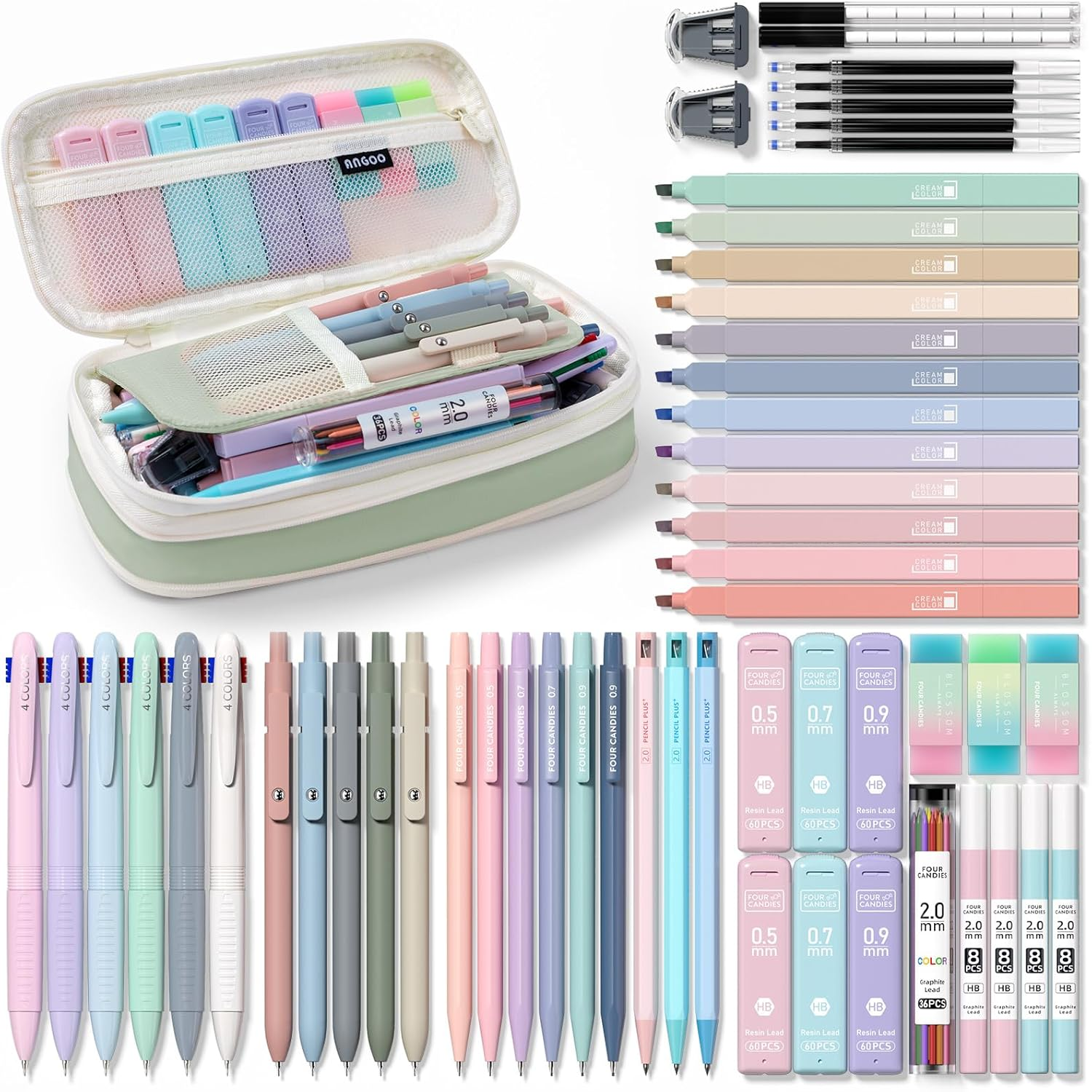 Four Candies 56 PCS Aesthetic School Supplies with Large Pencil Case, 6 Colored Ballpoint Pens, 12 Pastel Highlighters, 5 Black Ink Gel Pens, 9 Mechanical Pencils 0.5-2.0Mm Student Essentials (Green)