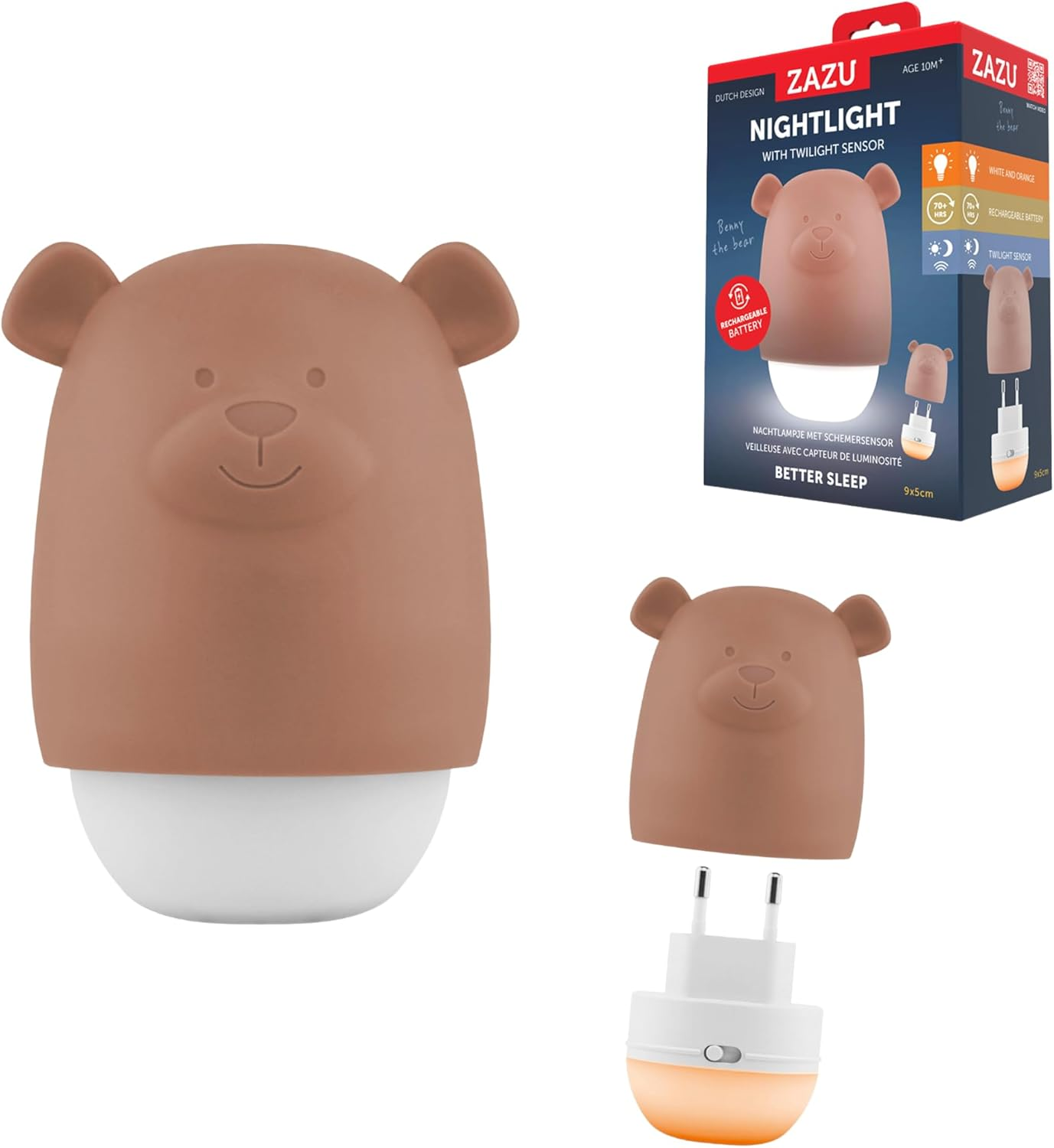 ZAZU Benny Automatic Baby Night Light with Dusk Detector - Rechargeable | White & Orange | 70 Hours Battery Life | Travel Mode | Portable Night Lamp for Kids (Brown)