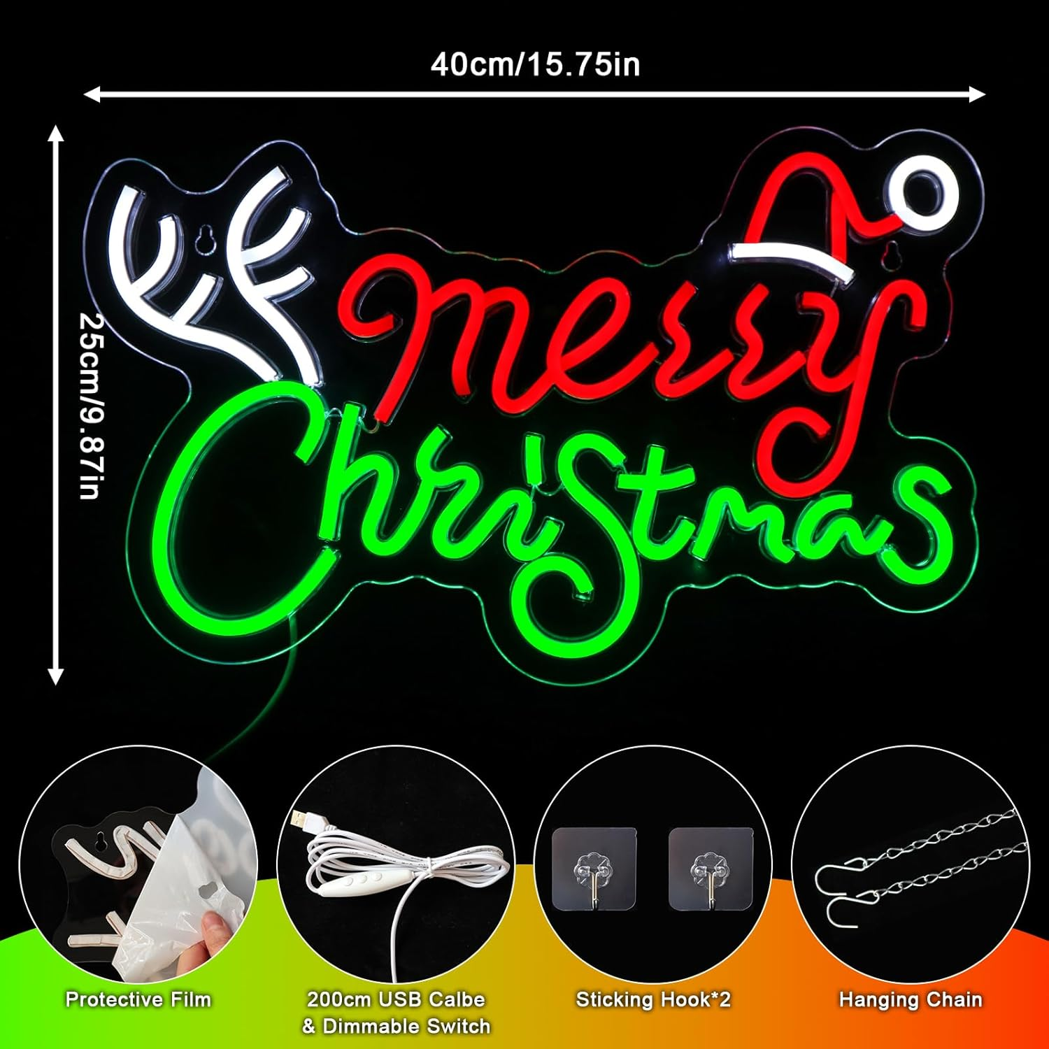 OYCGZV Merry Christmas Neon Sign for Wall Decor - Santa Neon Light for Bedroom Dimmable USB Led Sign for Christmas New Year Party Home Living Room Restaurant Bar Club Store Business - Green-Red image number 6