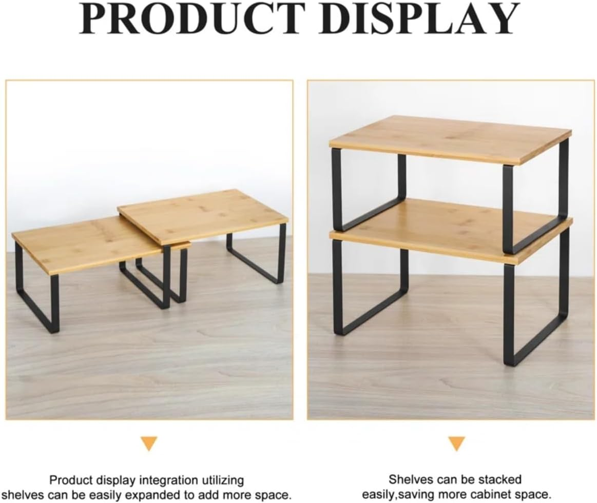 9SHOME 4Pack Expandable Cabinet Shelf Organiser, Stackable Kitchen Counter Shelves Organiser, Wooden Cupboard Stand Spice Rack, Pantry Shelves Cabinet Insert for Kitchen Bathroom image number 4