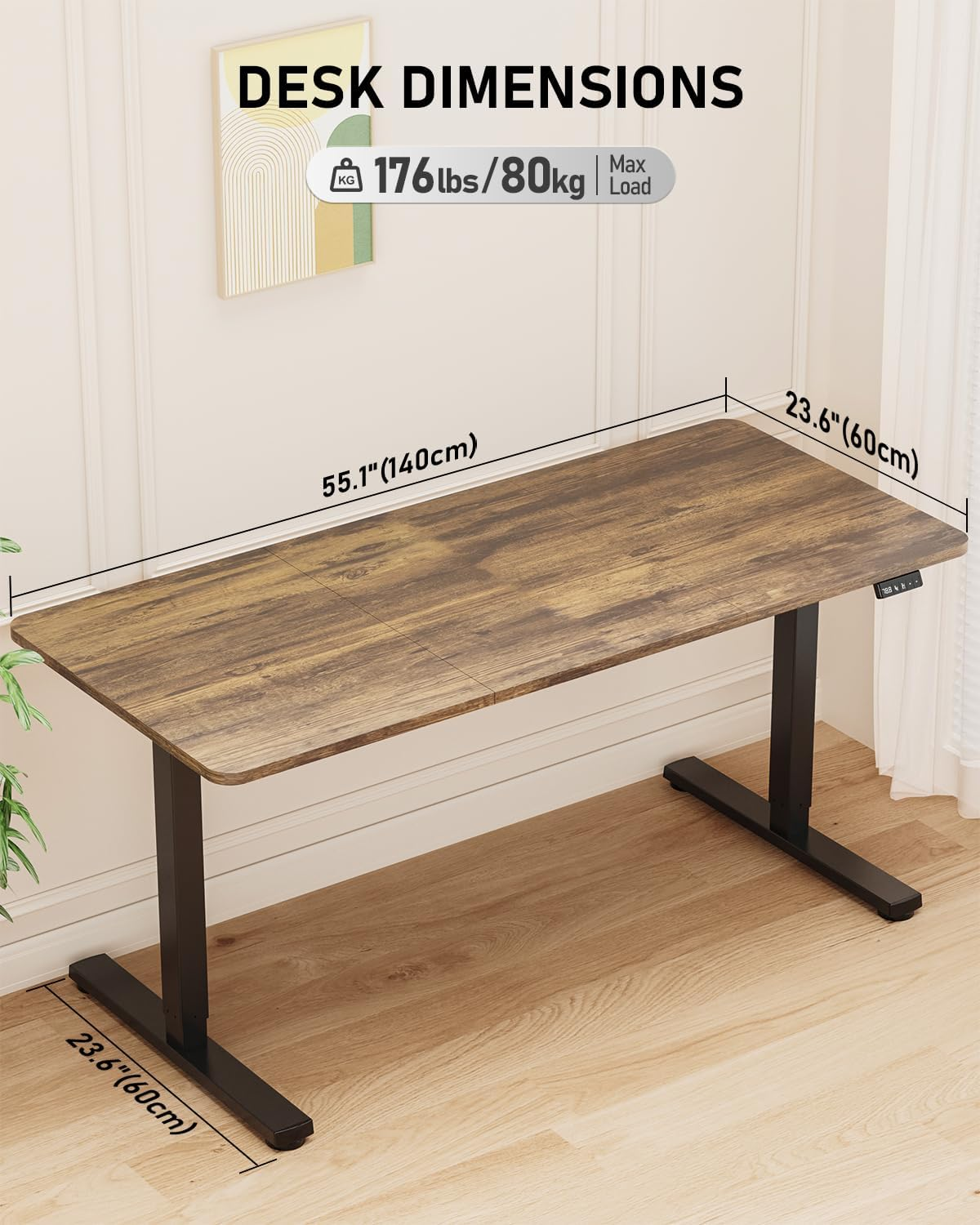 Standing Desk, Large Height Adjustable Electric Stand up Desk, 140X60Cm Sit Stand Home Office Desk, with Splice Board, Black Frame/Rustic Brown Top image number 2