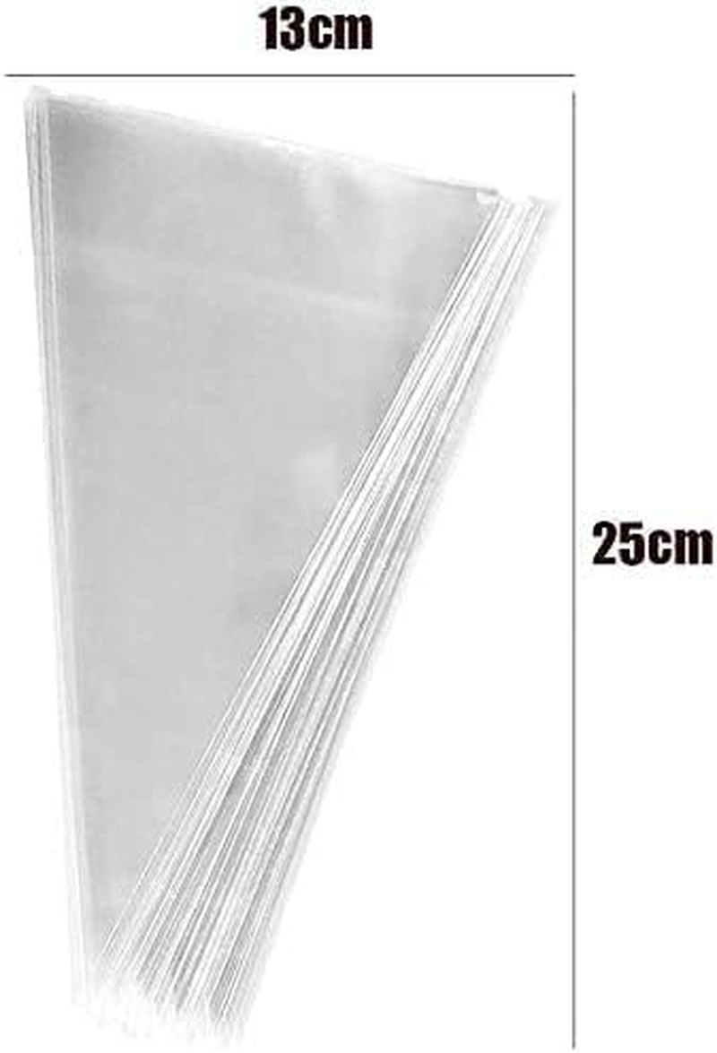 200PCS Cone Cellophane Bags, Betterjonny 13 * 25CM Clear Plastic Sweets Bags with Twist Ties, Triangle Party Cellophane Bag for Lolly Popcorn Cookies Candy Snacks Flowers&Graduation Birthday Wedding image number 3