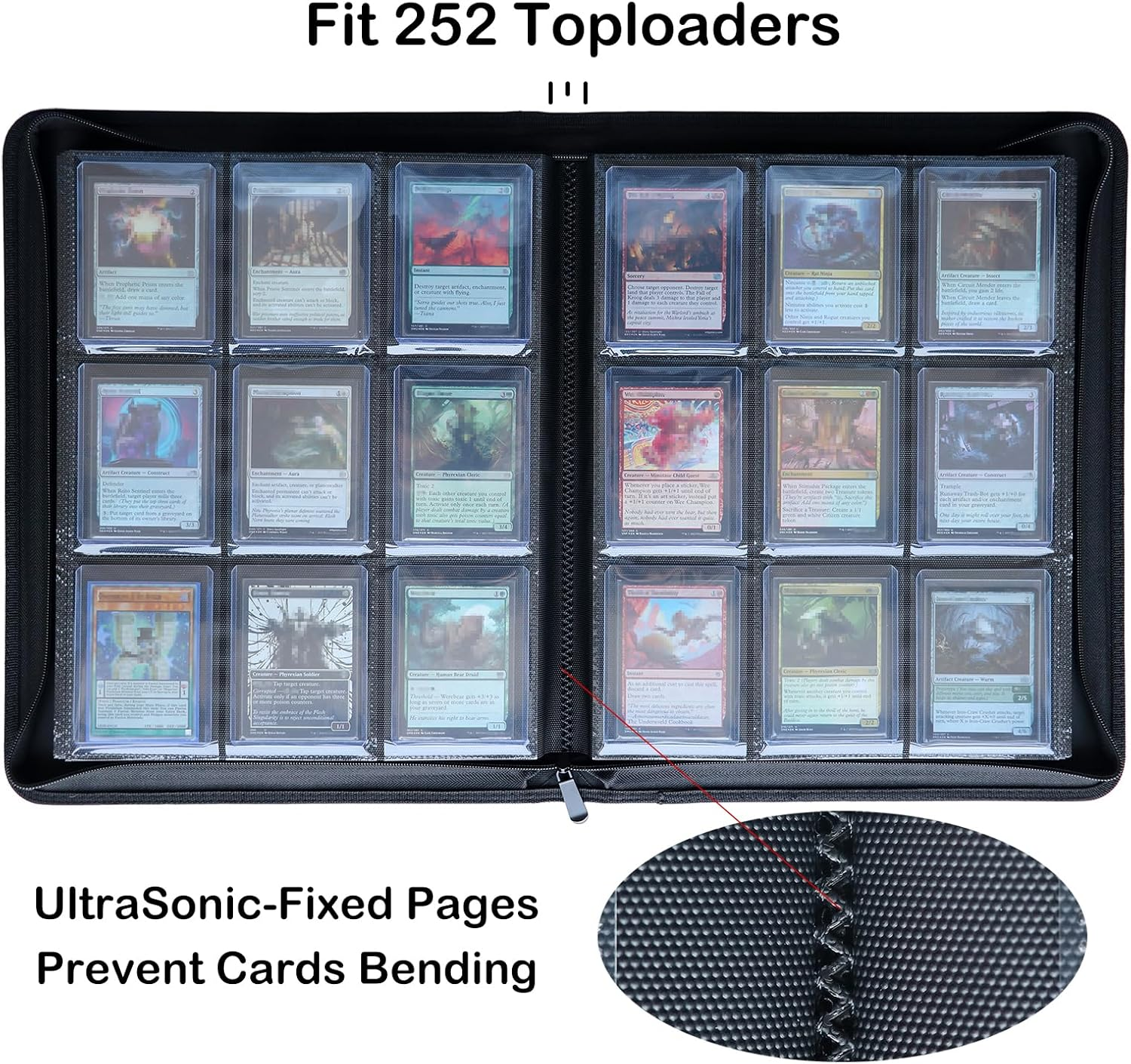 Rayvol Toploader Binder, Holds 252 Toploaders 9-Pocket Top Loader Card Storage Case, Ringless Double-Sided Pockets for Cards in 3 X 4'' Toploaders - Black image number 5