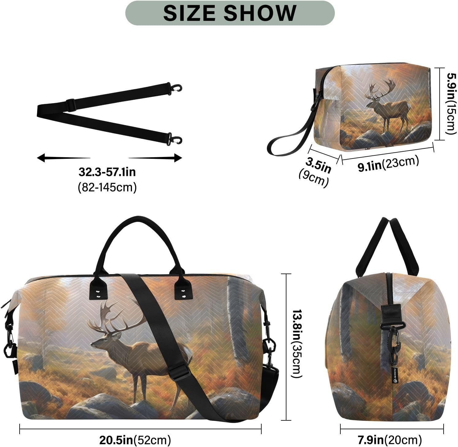 XYMZR Large Travel Duffel Bag, Moose on Rock Sports Tote Gym Bag, Shoulder Weekender Overnight Bag for Women Men, Carry on Luggage with Toiletry Bags, Multi-Colored, Multi-Colored image number 3