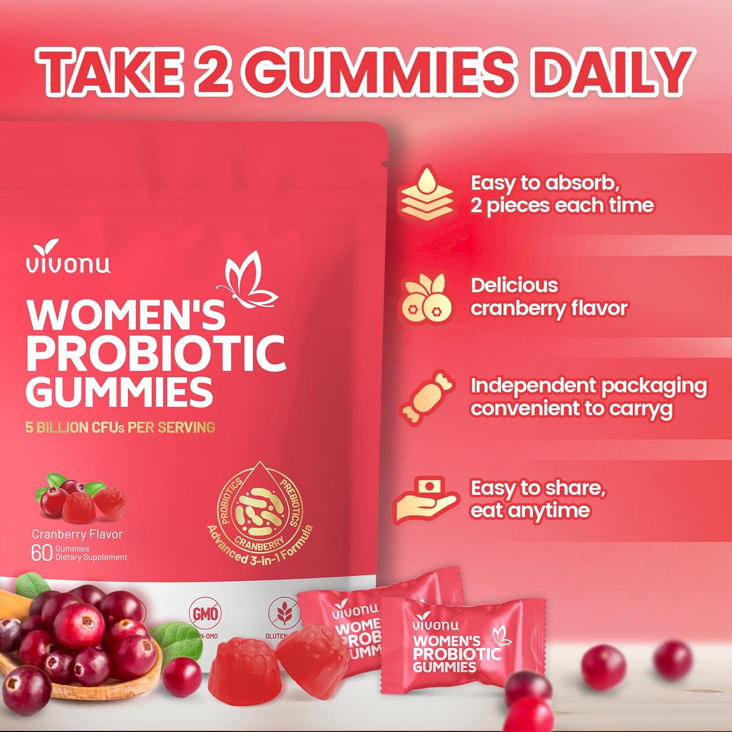Vivonu Vaginal Women Probiotic, Feminine Balance Ph Gummies for Healthy Odor, Yeast Balance & Flora + Vitamin C for Immune Support -Cranberry Probiotics image number 5