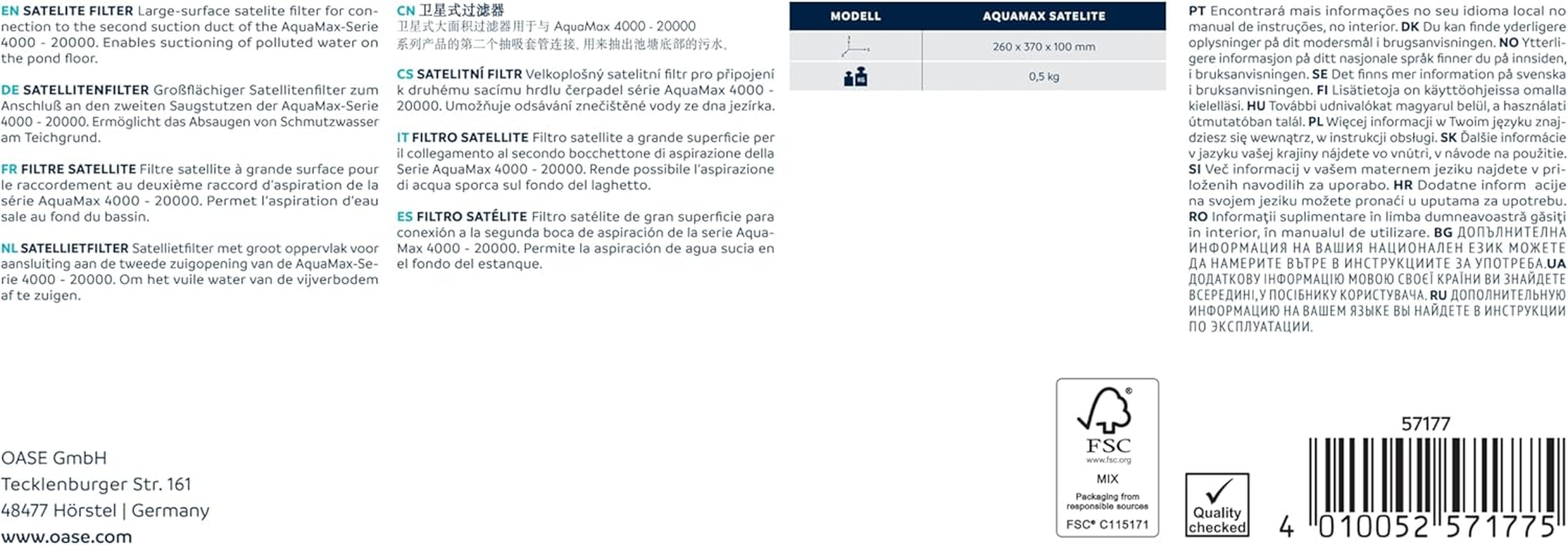 Oase Aquamax Eco Satellite Filter, Model 57177, Plastic, 0.45 Kg, Special Feature