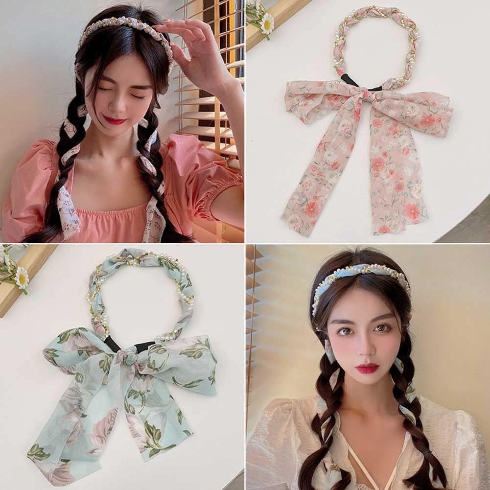 2PCS Retro Long Ribbon Headband, Magic Hair Clips for Women, Satin Fabric Hair Bands, Ribbon Scarf Headbands for Women, Non-Slip Cross Knotted Fabric Clip Hairband for Women image number 5