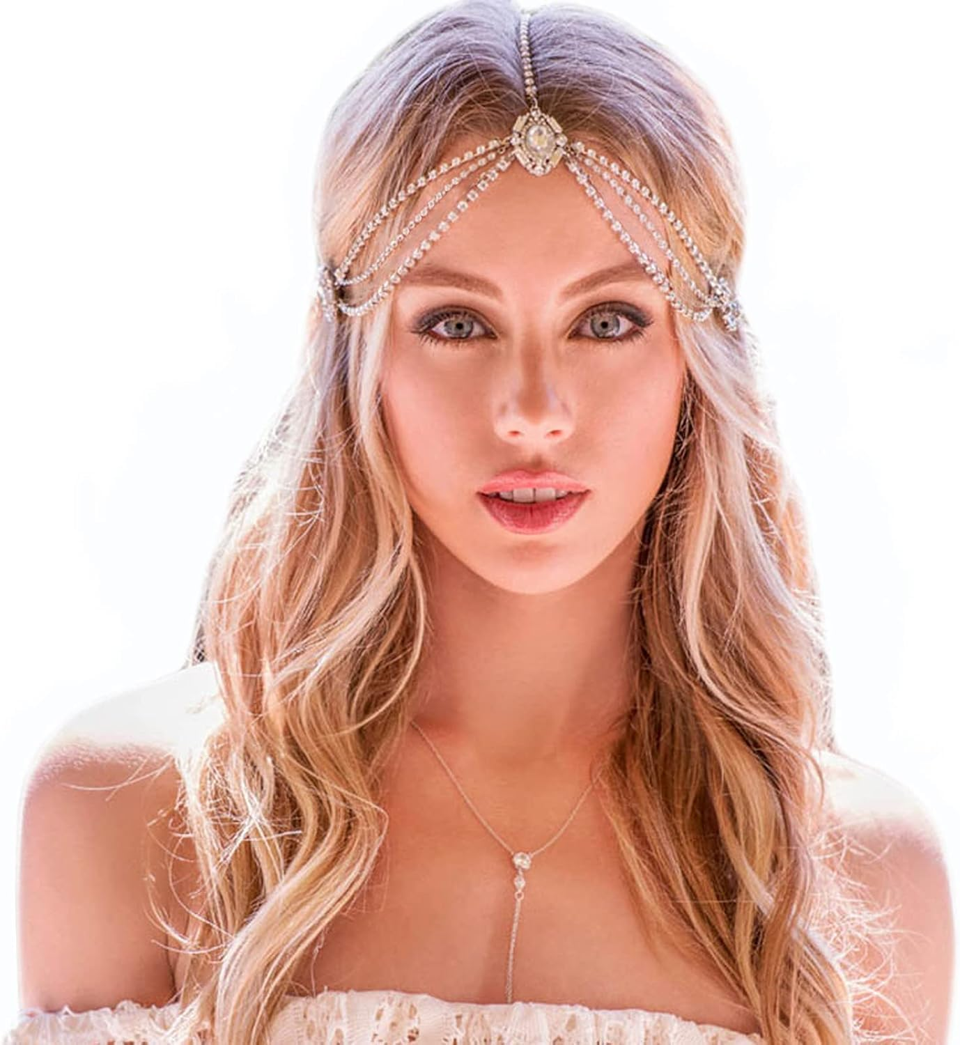 Vintage Bridal Rhinestones Head Chain Layered Rhinestone Forehead Rhinestone Waterdrop Waterdrop Headpiece Headpiece Handmade Rhinestone Wedding Headband Head Chain Bridal Wedding Hair Accessories for Women (Golden 3, One Size) - Golden 3 image number 2