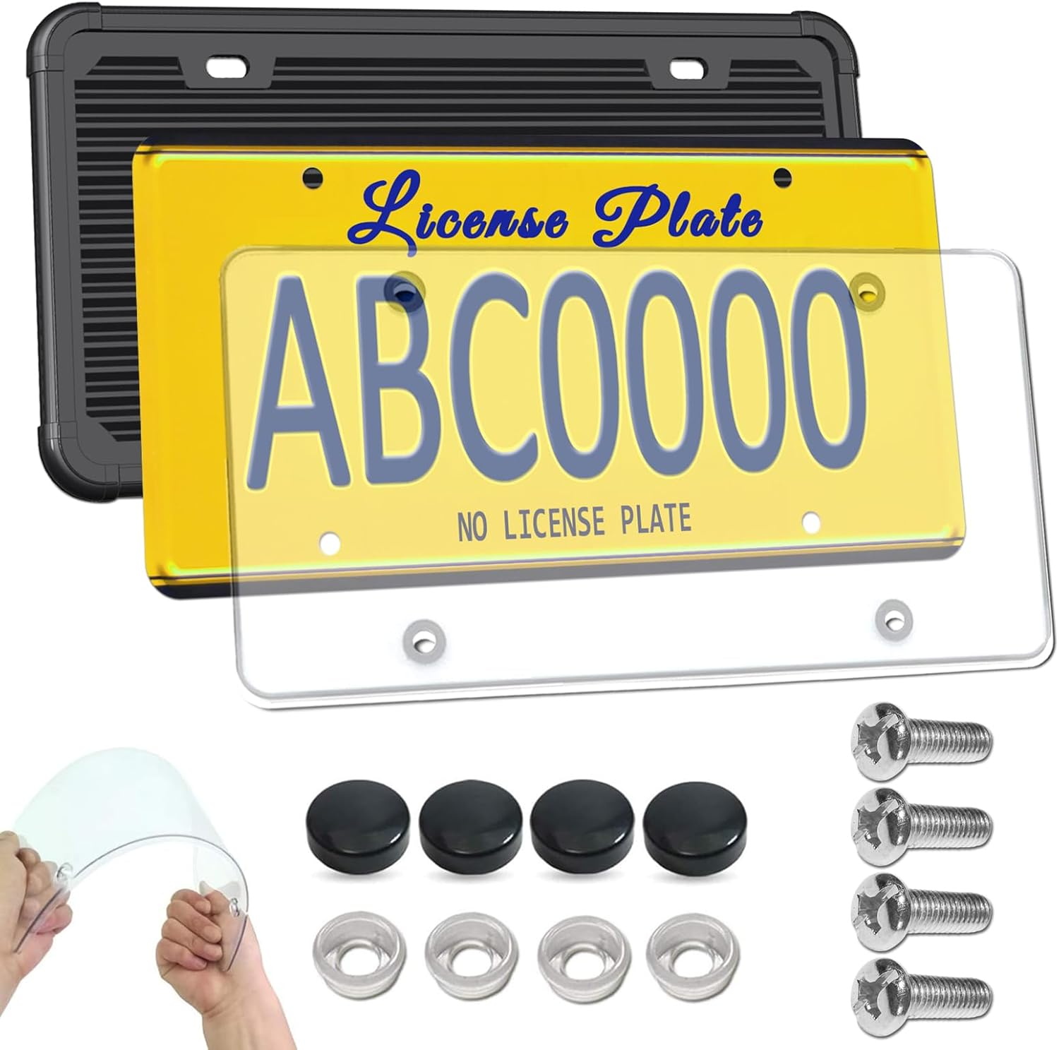 Car License Plates Shield - Clear Bubble Novelty Plate Cover with Silicone License Plate Frame to Fit Any US Plates, Unbreakable Frame Cover to Protect Front, Back License Plate Included Screws,Caps