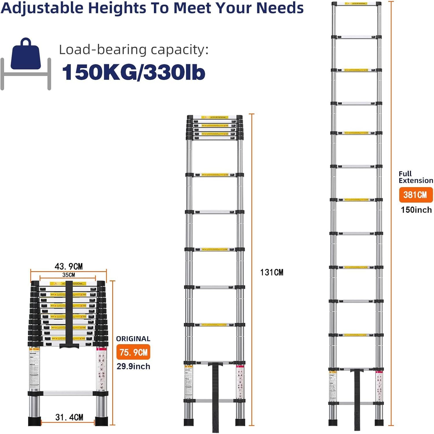 3.8M/12.5FT Telescoping Ladder- Multi-Purpose Aluminum Extension Ladder Adjustable Compact Ladder for Household, RV, Outdoor, 150Kg Max Capacity image number 2