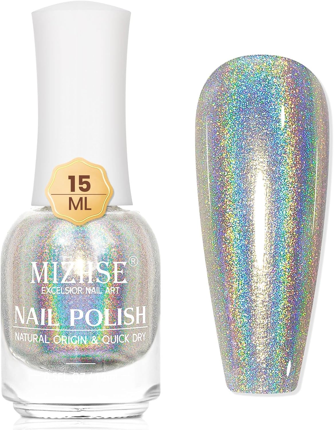 MIZHSE Holographic Nail Polish, Silver Glitter Nail Polish Air Dry Fast, 15 Ml 0.5 Fl Oz High Glossy Shiny Nail Pigment Oil-Based Laser Iridescent Nail Polish Chrome Halo Nail Art Salon Manicure Home
