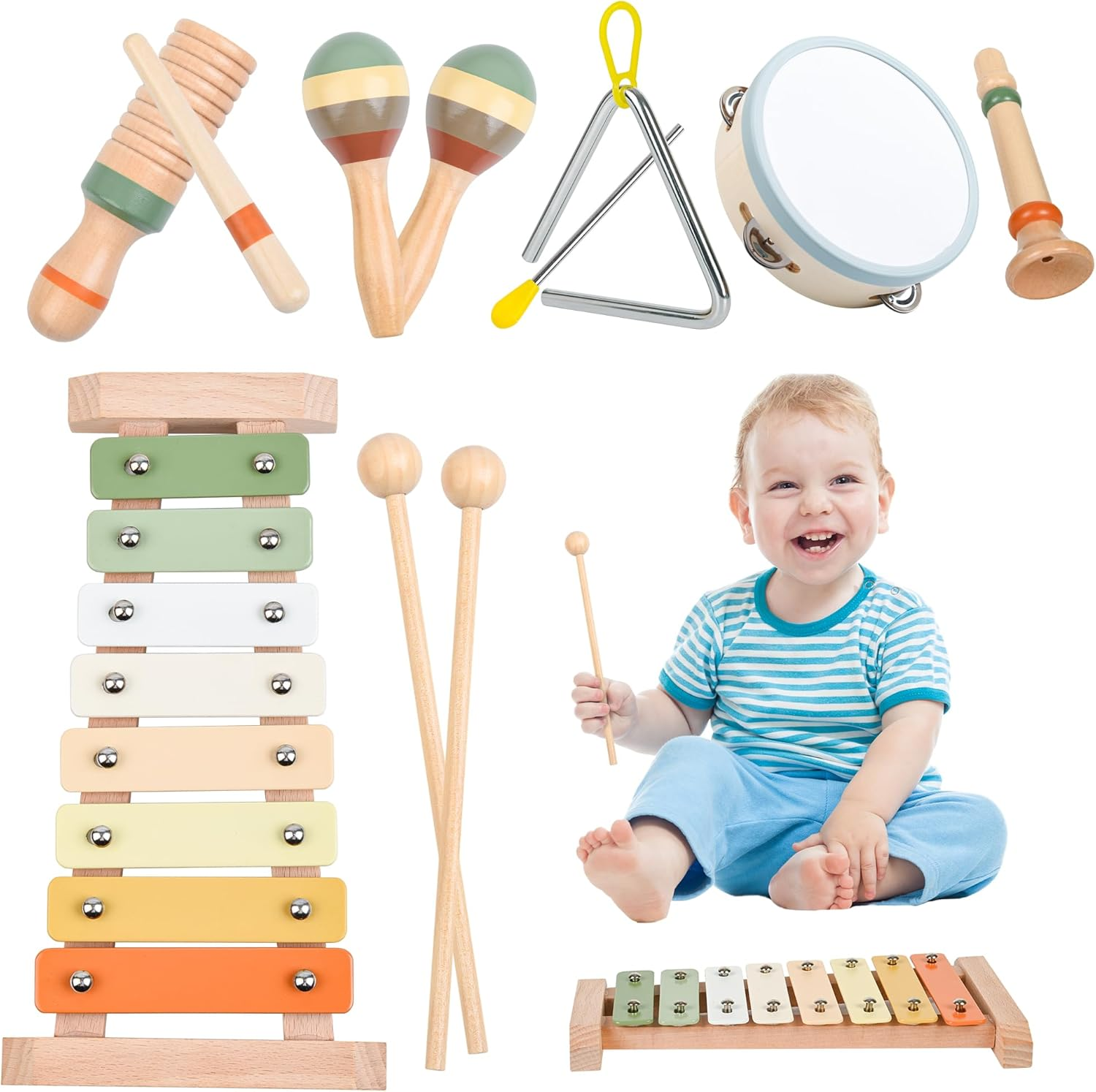 CYZAM Wooden Musical Instruments, Montessori Toys for Baby Toddler 1-3, Neutral Colors Wooden Percussion Instruments Set, Modern Boho Xylophone Tambourine, Kids Preschool Educational Birthday Gifts image number 1